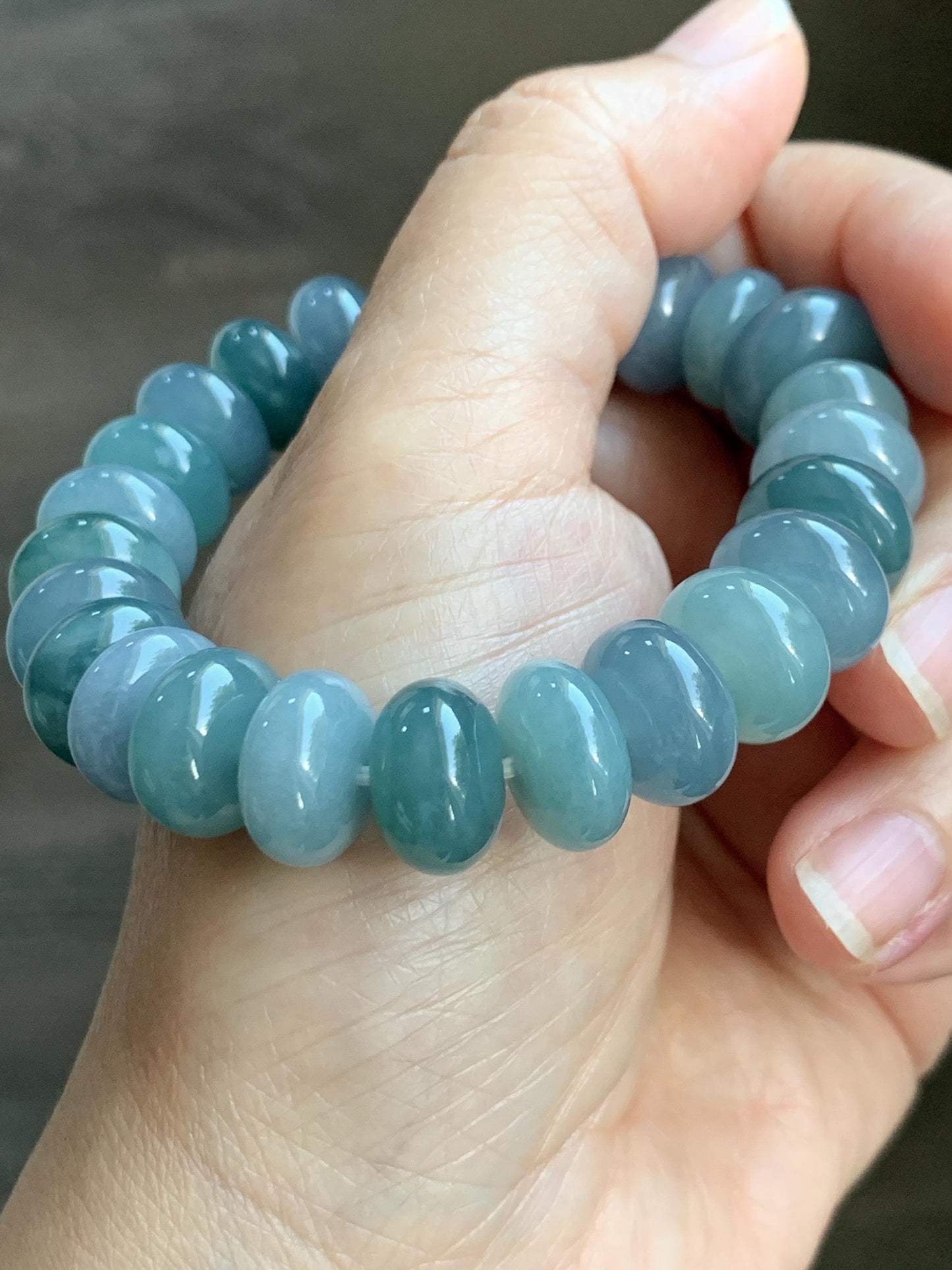 Natural Grade A Guatemalan Icy Translucent Multicolored Blue Jade Jadeite Jumbo Drum Beads Beaded Bracelet 6.5” 58g 天然冰危蓝水多宝翡翠大鼓珠手串 WZB425