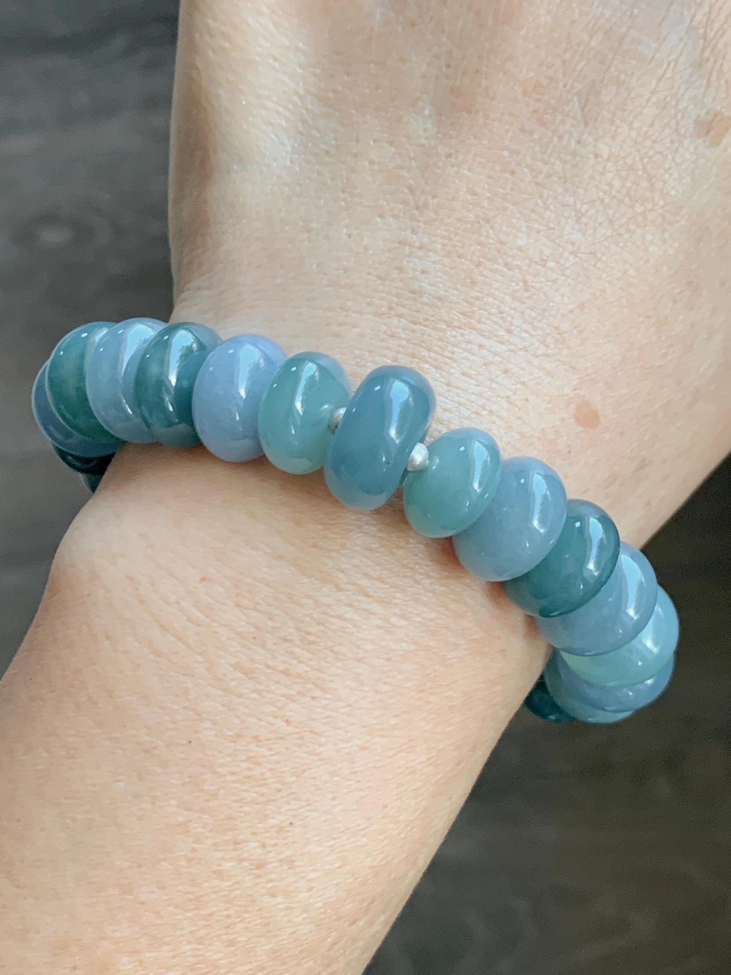 Natural Grade A Guatemalan Icy Translucent Multicolored Blue Jade Jadeite Jumbo Drum Beads Beaded Bracelet 6.5” 58g 天然冰危蓝水多宝翡翠大鼓珠手串 WZB425