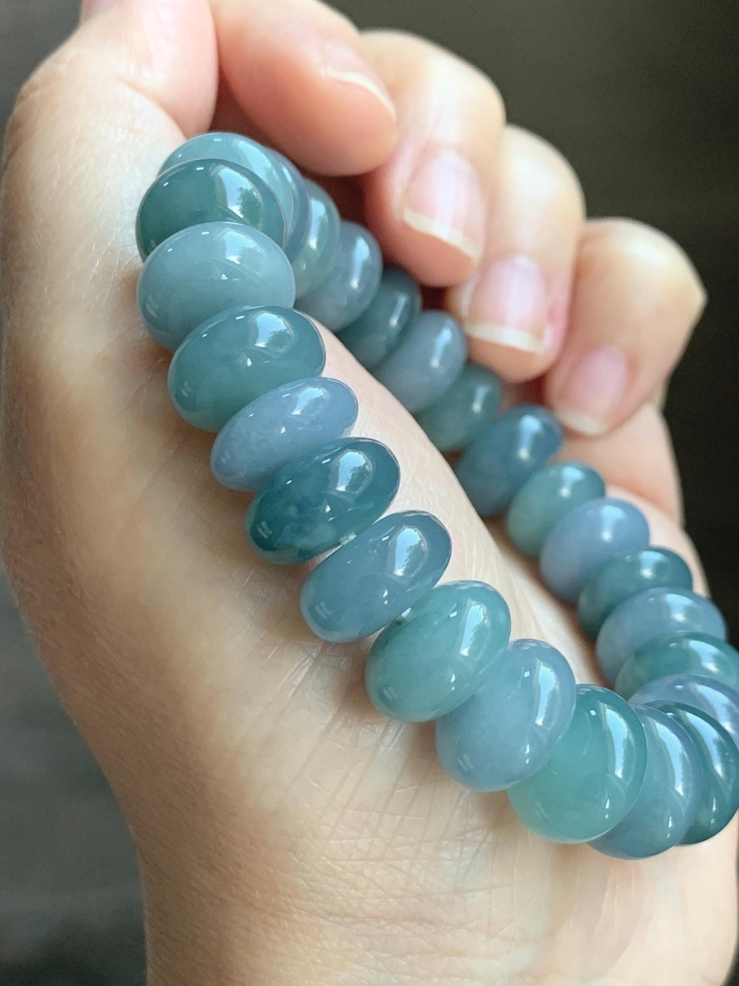 Natural Grade A Guatemalan Icy Translucent Multicolored Blue Jade Jadeite Jumbo Drum Beads Beaded Bracelet 6.5” 58g 天然冰危蓝水多宝翡翠大鼓珠手串 WZB425