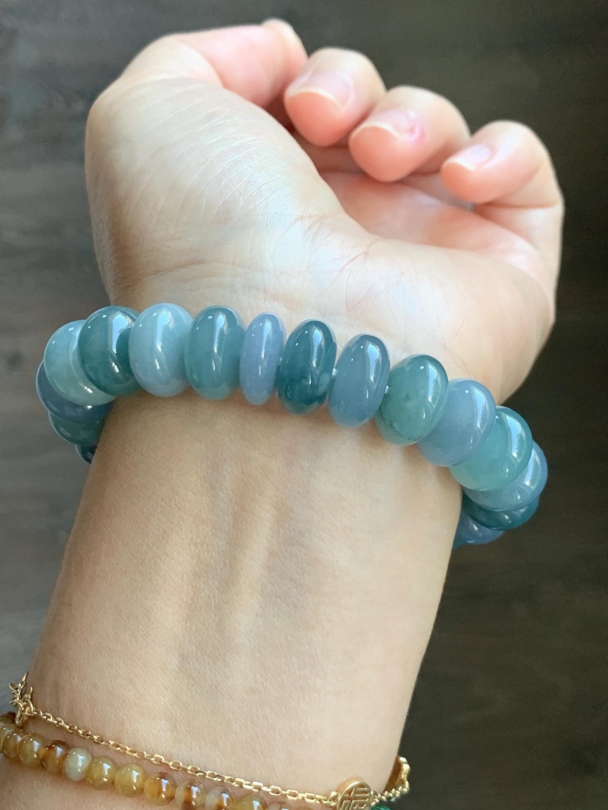 Natural Grade A Guatemalan Icy Translucent Multicolored Blue Jade Jadeite Jumbo Drum Beads Beaded Bracelet 6.5” 58g 天然冰危蓝水多宝翡翠大鼓珠手串 WZB425