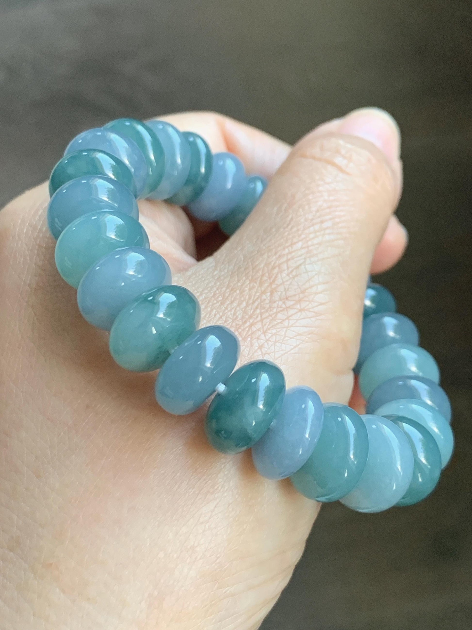 Natural Grade A Guatemalan Icy Translucent Multicolored Blue Jade Jadeite Jumbo Drum Beads Beaded Bracelet 6.5” 58g 天然冰危蓝水多宝翡翠大鼓珠手串 WZB425