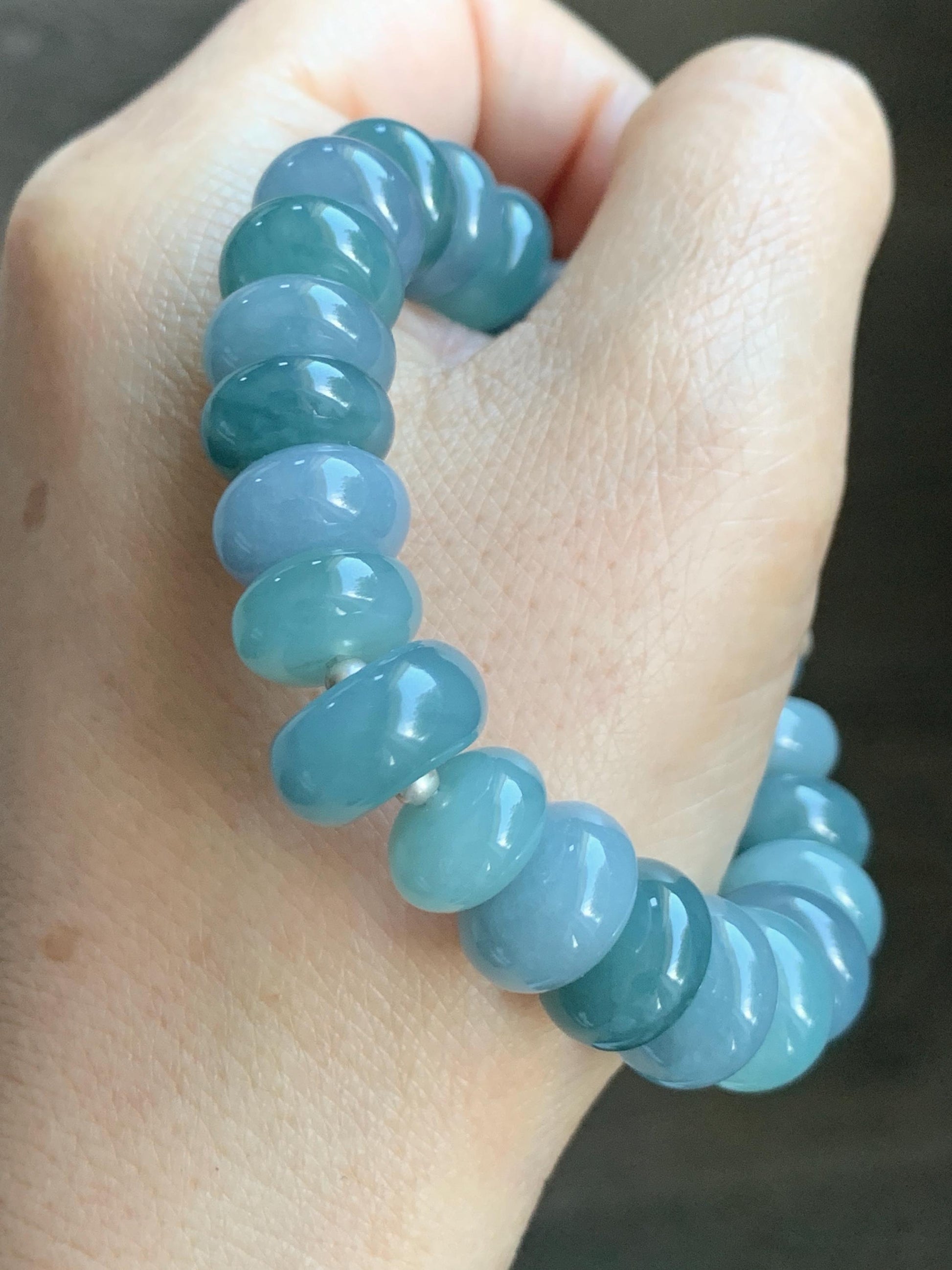 Natural Grade A Guatemalan Icy Translucent Multicolored Blue Jade Jadeite Jumbo Drum Beads Beaded Bracelet 6.5” 58g 天然冰危蓝水多宝翡翠大鼓珠手串 WZB425