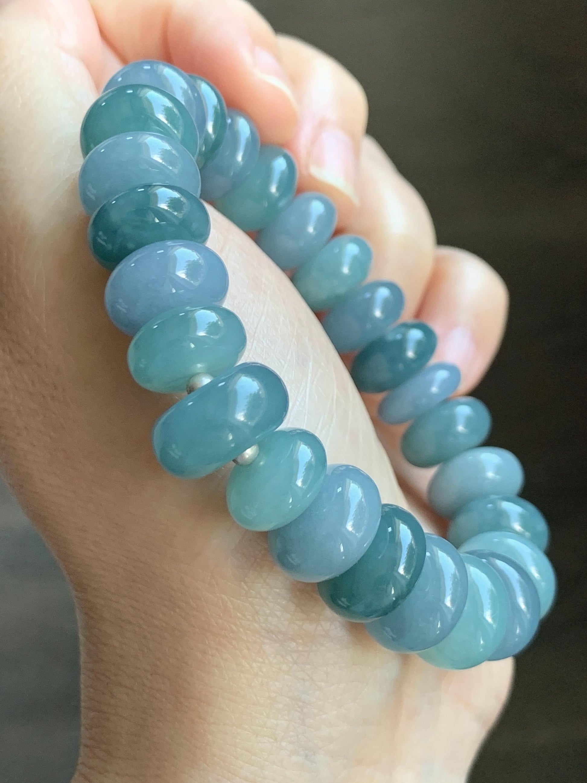 Natural Grade A Guatemalan Icy Translucent Multicolored Blue Jade Jadeite Jumbo Drum Beads Beaded Bracelet 6.5” 58g 天然冰危蓝水多宝翡翠大鼓珠手串 WZB425
