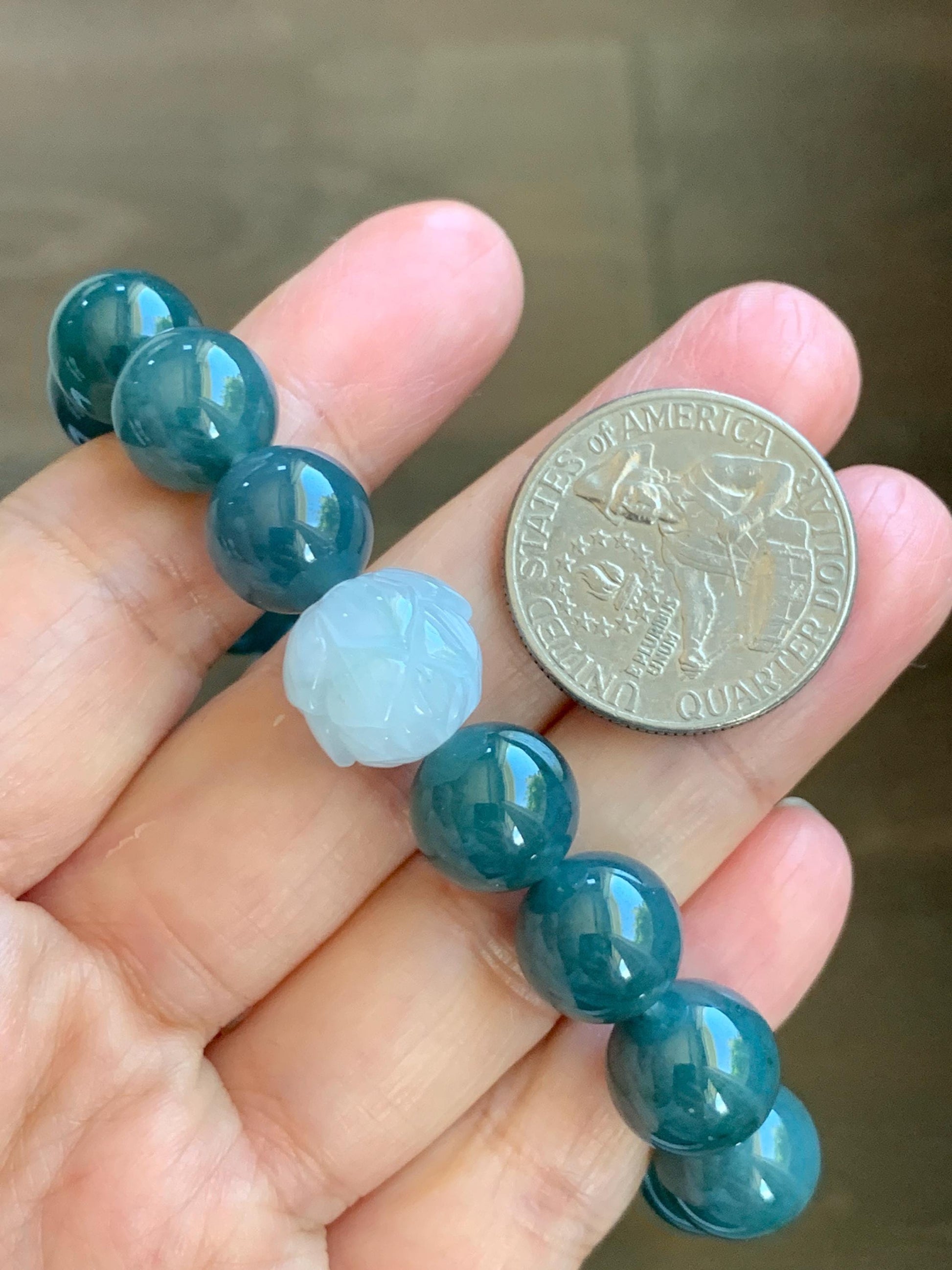 Natural Grade A Guatemalan Icy Translucent Dark Blue Jade Jadeite Lotus Flower Bead Beaded Bracelet 7.25” 48g 天然冰危深蓝翡翠莲花珠圆珠手串 WLL220