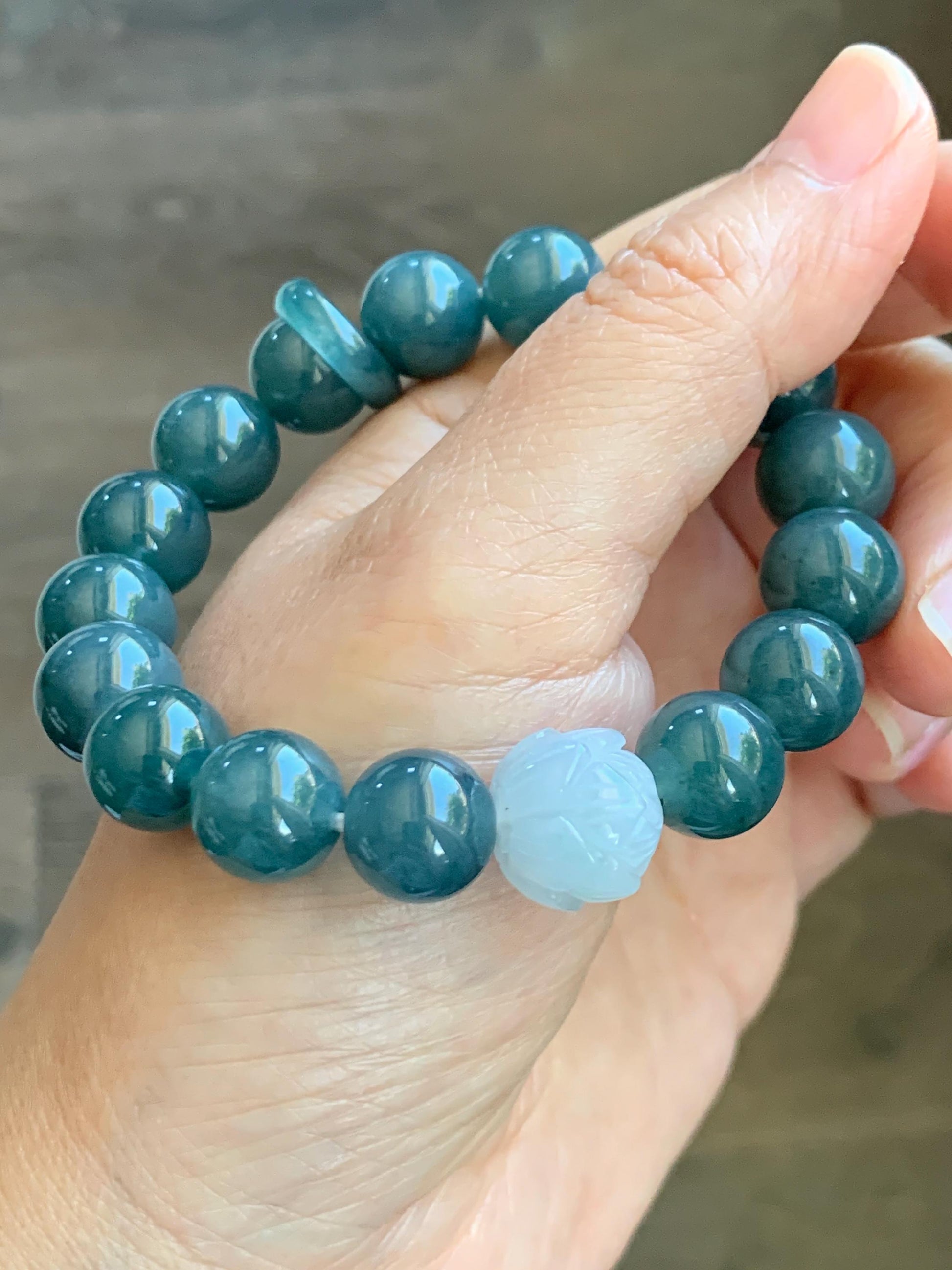 Natural Grade A Guatemalan Icy Translucent Dark Blue Jade Jadeite Lotus Flower Bead Beaded Bracelet 7.25” 48g 天然冰危深蓝翡翠莲花珠圆珠手串 WLL220