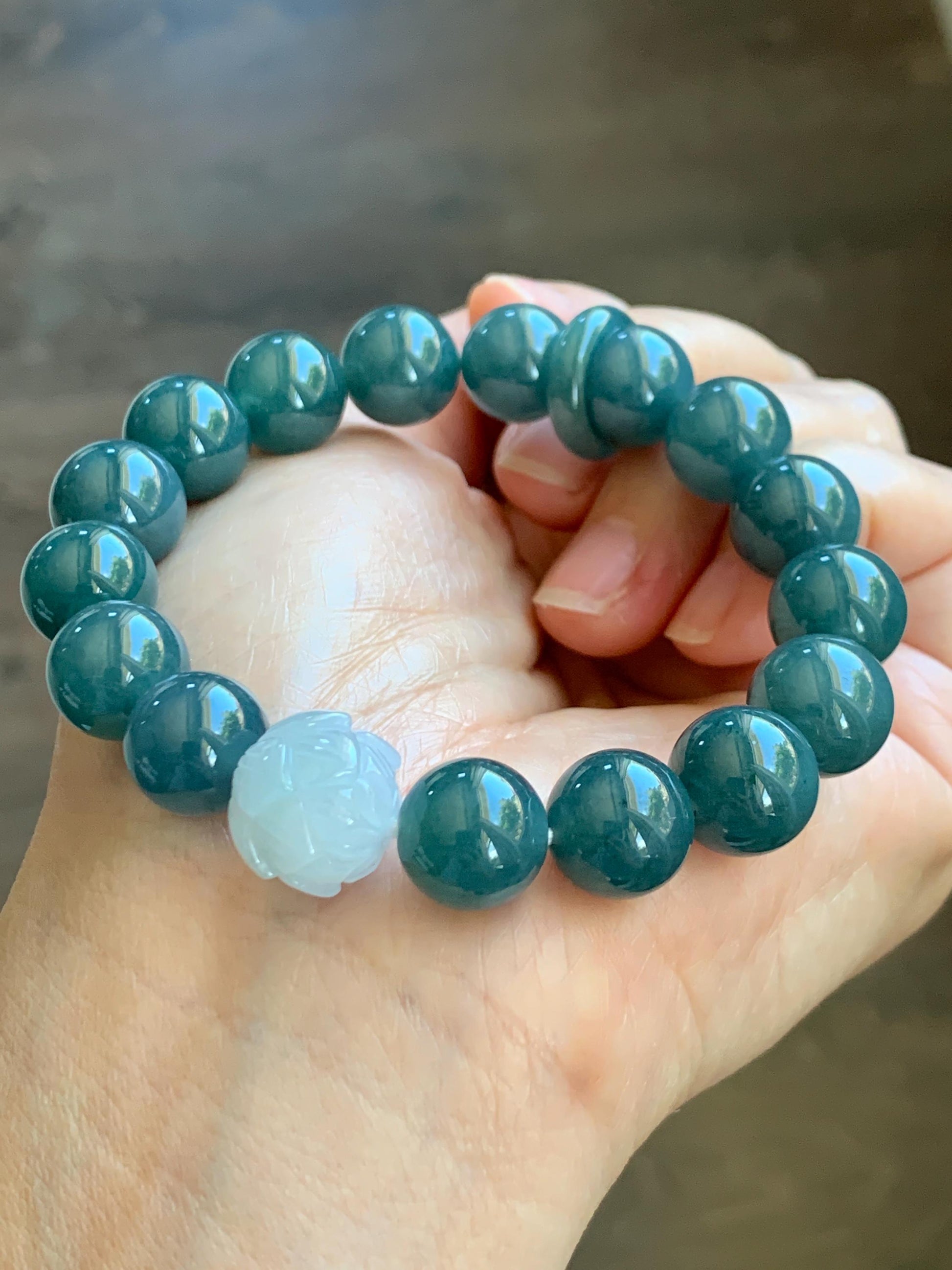 Natural Grade A Guatemalan Icy Translucent Dark Blue Jade Jadeite Lotus Flower Bead Beaded Bracelet 7.25” 48g 天然冰危深蓝翡翠莲花珠圆珠手串 WLL220
