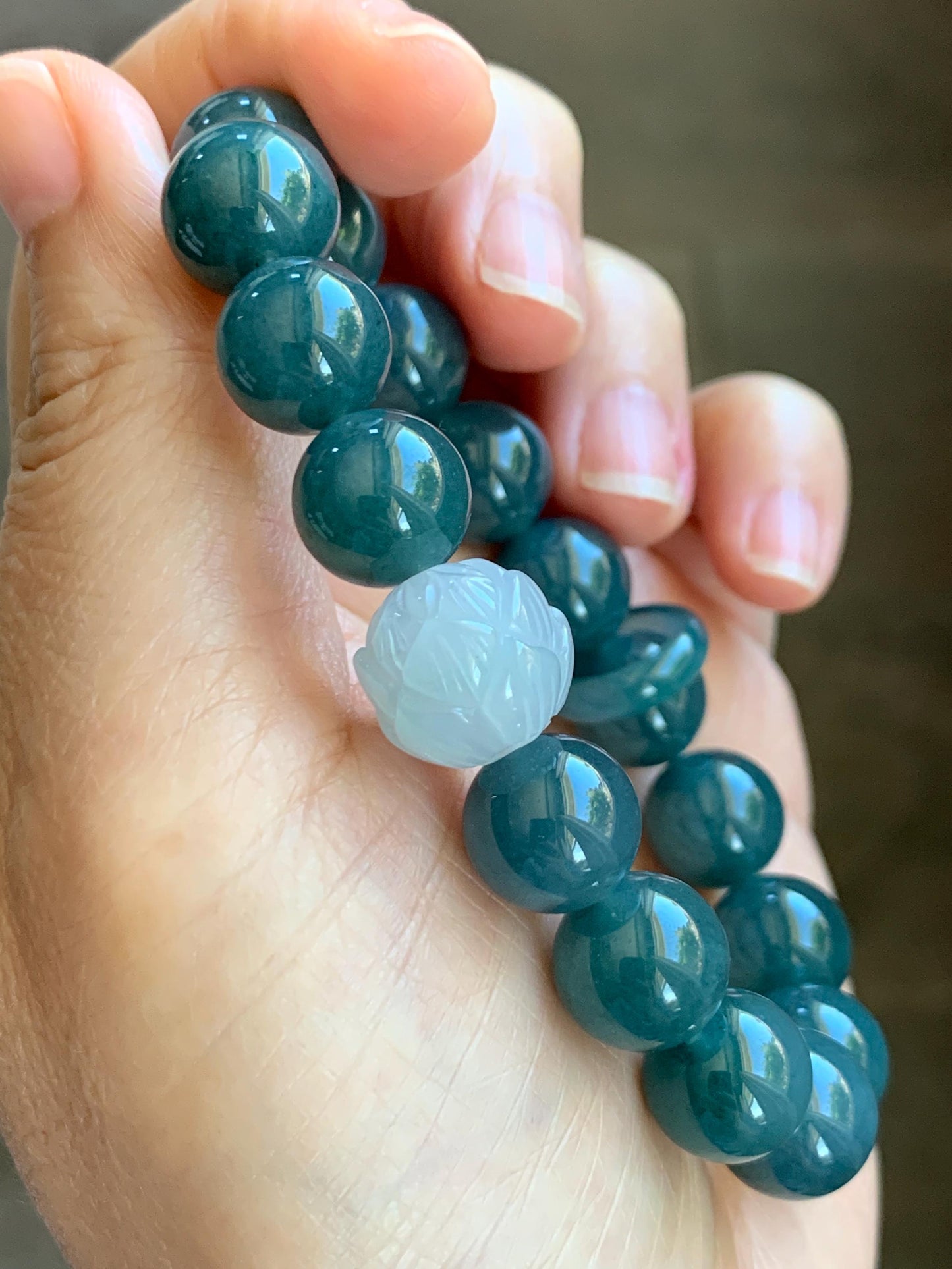 Natural Grade A Guatemalan Icy Translucent Dark Blue Jade Jadeite Lotus Flower Bead Beaded Bracelet 7.25” 48g 天然冰危深蓝翡翠莲花珠圆珠手串 WLL220