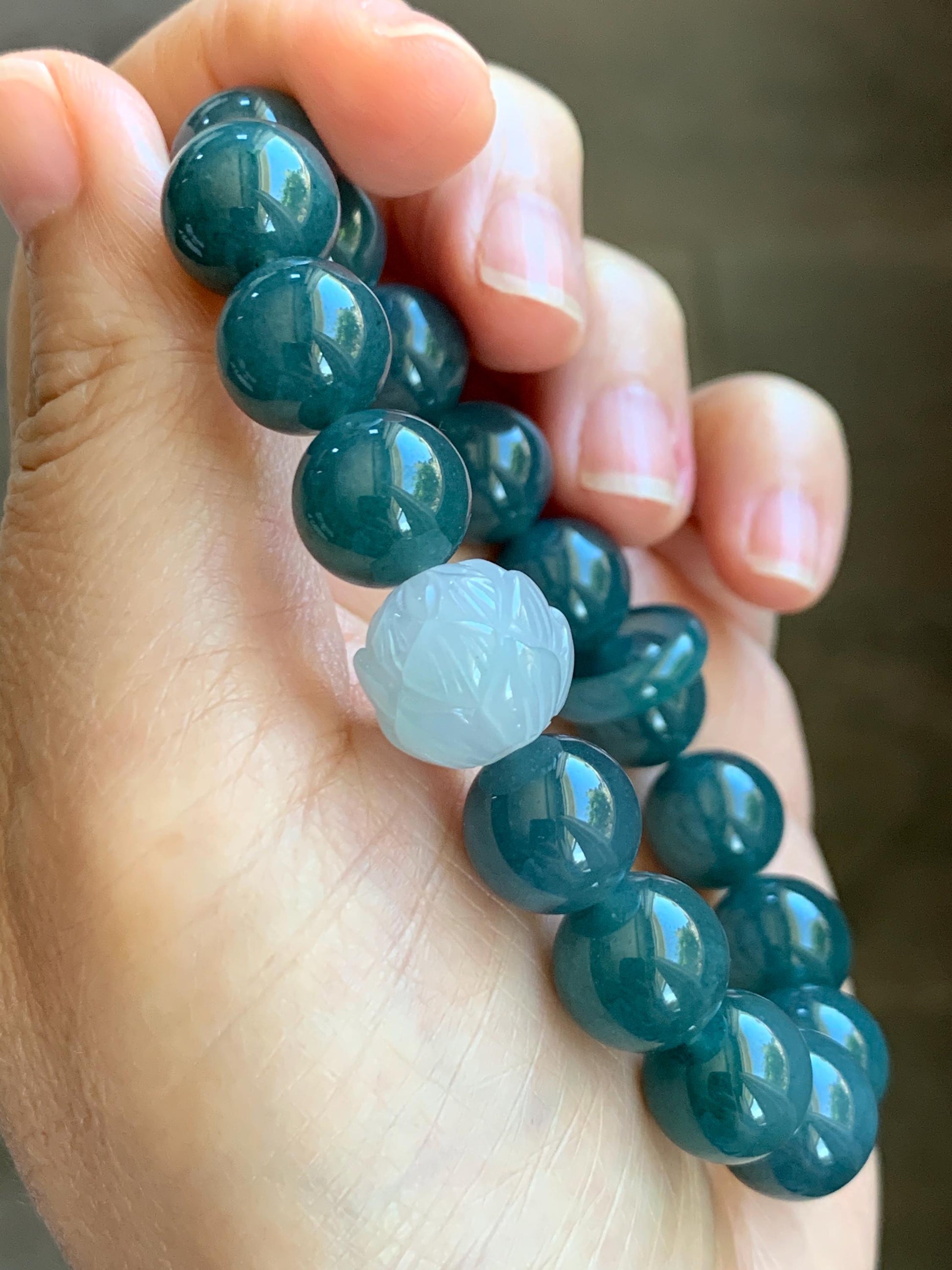 Natural Grade A Guatemalan Icy Translucent Dark Blue Jade Jadeite Lotus Flower Bead Beaded Bracelet 7.25” 48g 天然冰危深蓝翡翠莲花珠圆珠手串 WLL220