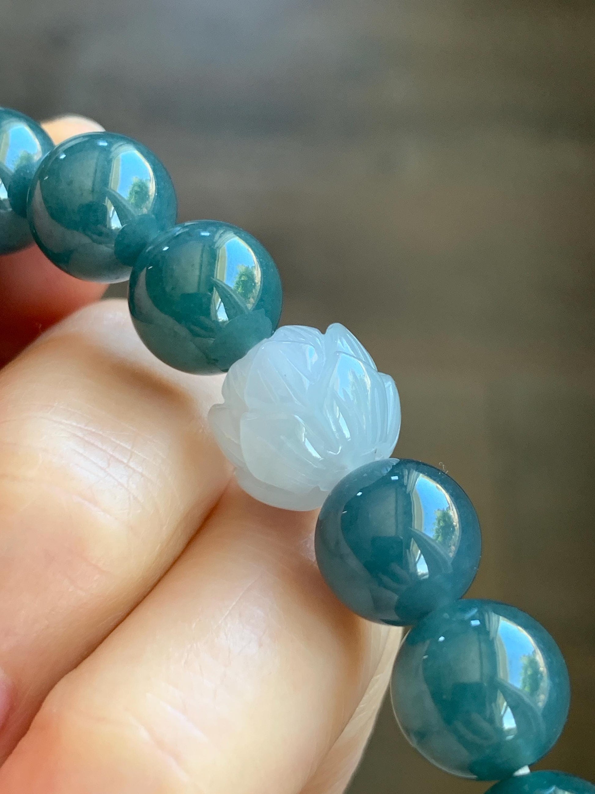 Natural Grade A Guatemalan Icy Translucent Dark Blue Jade Jadeite Lotus Flower Bead Beaded Bracelet 7.25” 48g 天然冰危深蓝翡翠莲花珠圆珠手串 WLL220