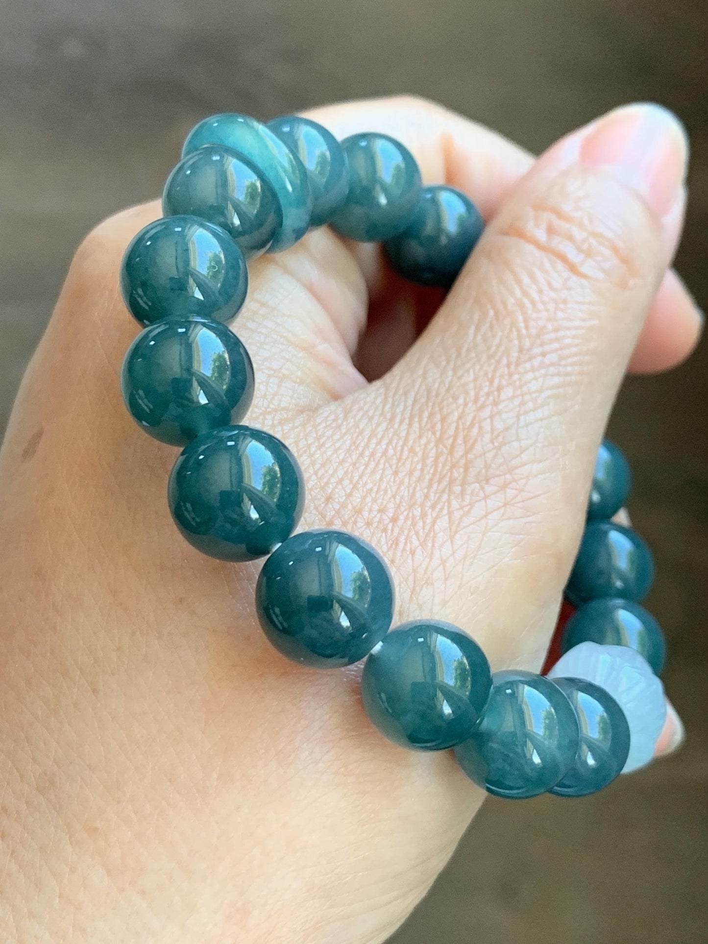 Natural Grade A Guatemalan Icy Translucent Dark Blue Jade Jadeite Lotus Flower Bead Beaded Bracelet 7.25” 48g 天然冰危深蓝翡翠莲花珠圆珠手串 WLL220