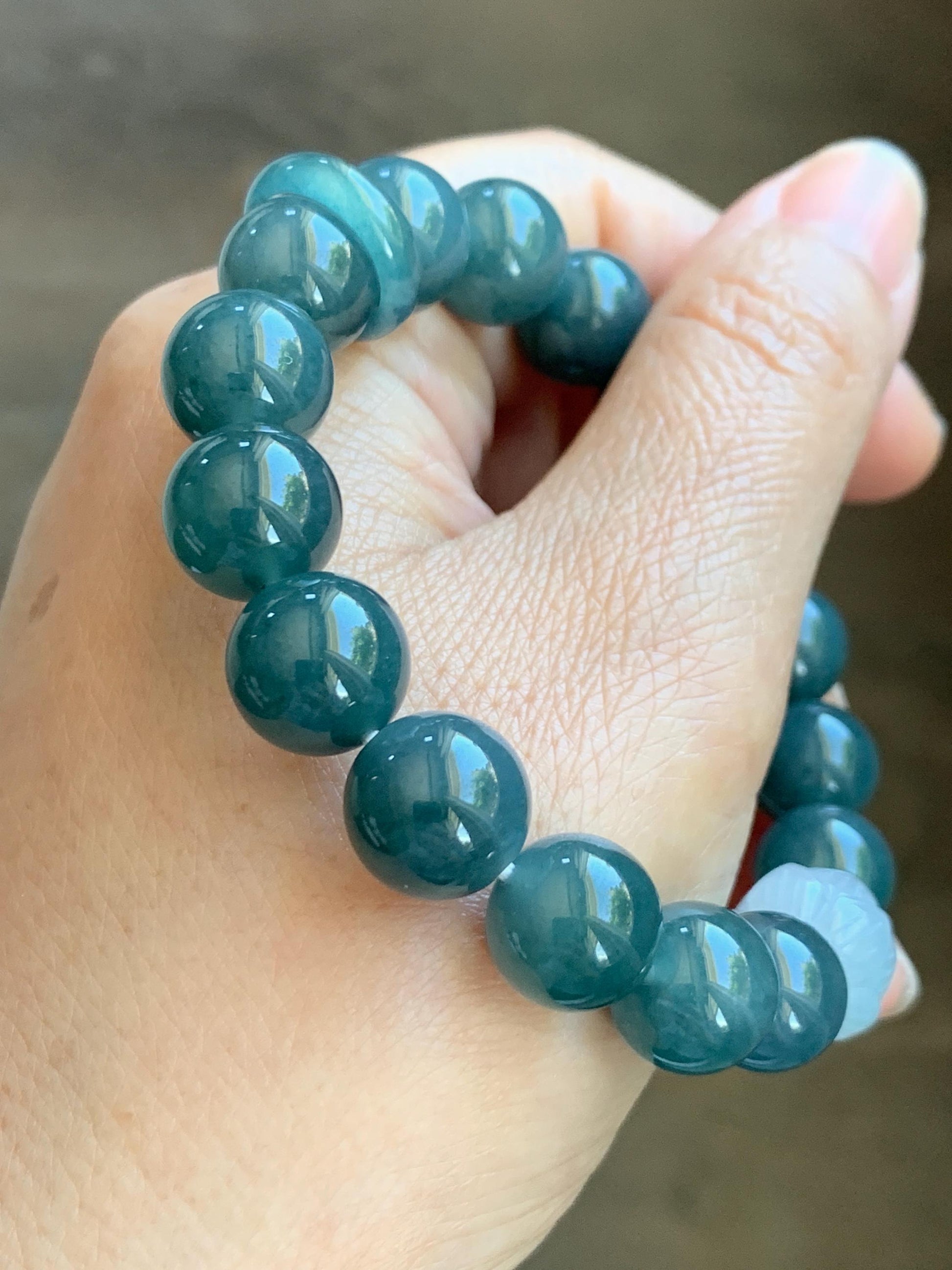 Natural Grade A Guatemalan Icy Translucent Dark Blue Jade Jadeite Lotus Flower Bead Beaded Bracelet 7.25” 48g 天然冰危深蓝翡翠莲花珠圆珠手串 WLL220
