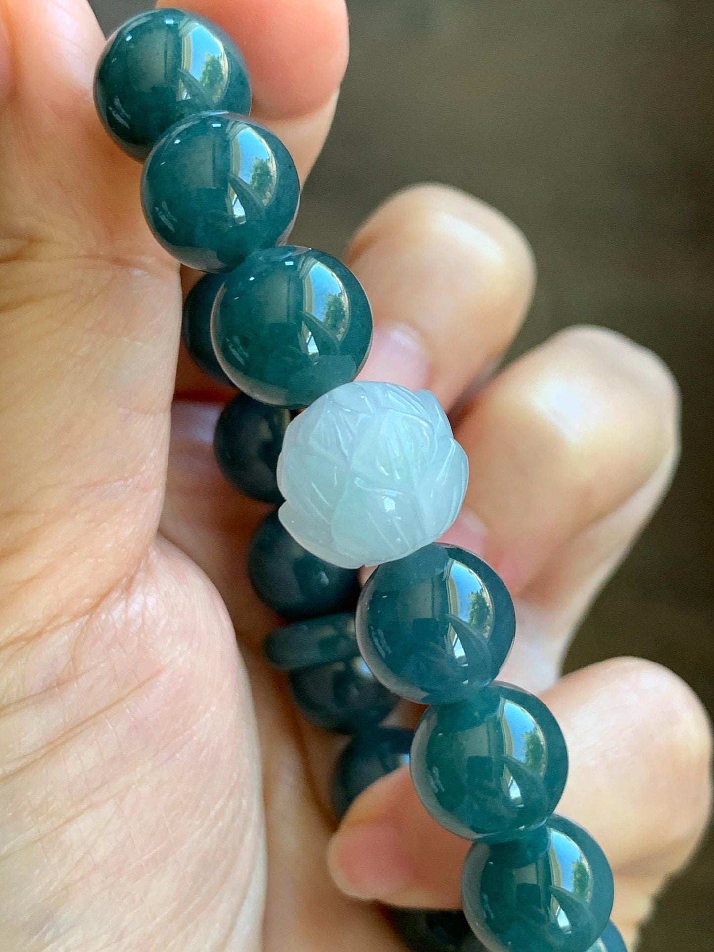 Natural Grade A Guatemalan Icy Translucent Dark Blue Jade Jadeite Lotus Flower Bead Beaded Bracelet 7.25” 48g 天然冰危深蓝翡翠莲花珠圆珠手串 WLL220