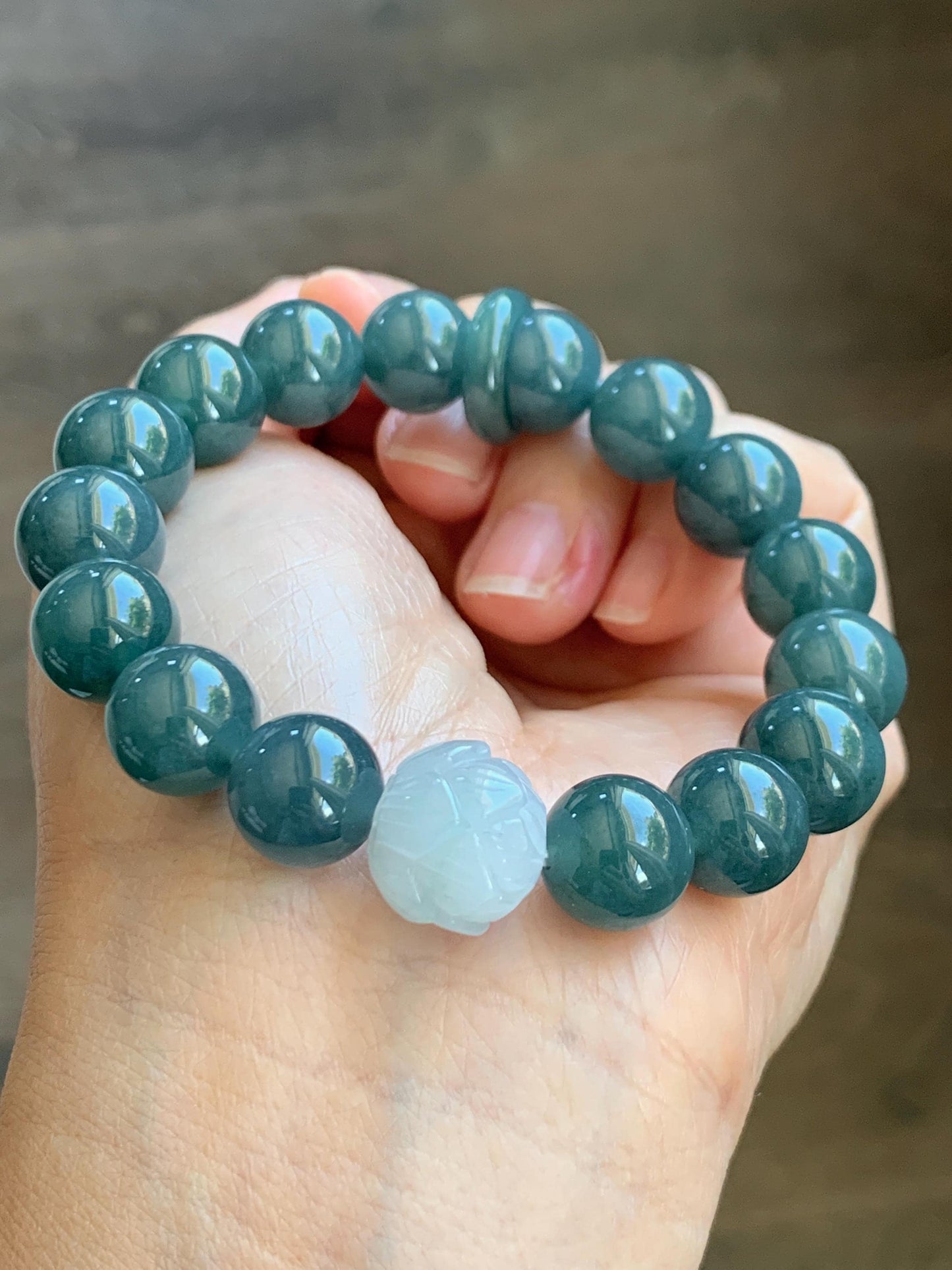 Natural Grade A Guatemalan Icy Translucent Dark Blue Jade Jadeite Lotus Flower Bead Beaded Bracelet 7.25” 48g 天然冰危深蓝翡翠莲花珠圆珠手串 WLL220