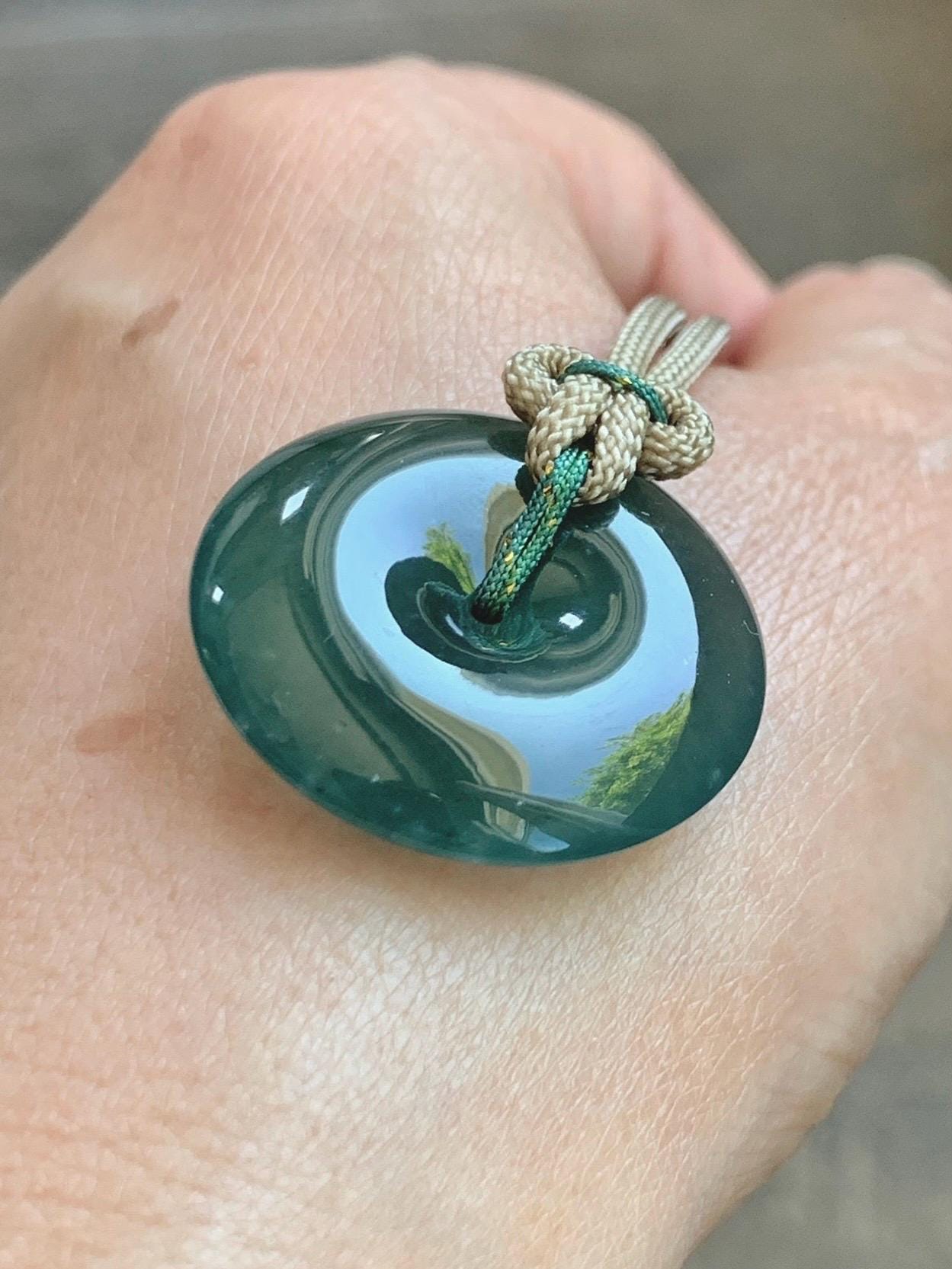 Natural Grade A Guatemalan Icy Translucent Dark Teal Green Jade Jadeite Ping An Kou Donut Pendant Rope Necklace 25" 12g 天然冰胶危深绿翡翠平安扣吊坠WSU280