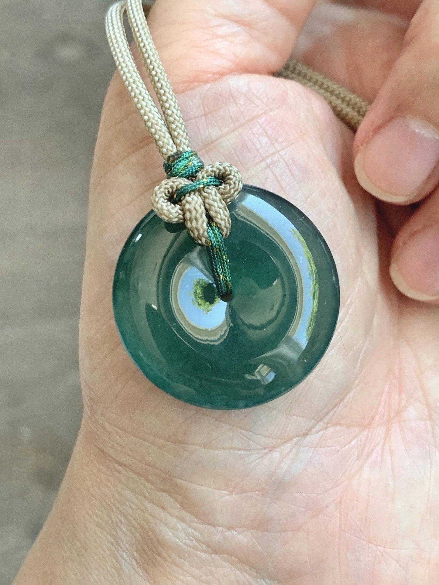 Natural Grade A Guatemalan Icy Translucent Dark Teal Green Jade Jadeite Ping An Kou Donut Pendant Rope Necklace 25" 12g 天然冰胶危深绿翡翠平安扣吊坠WSU280