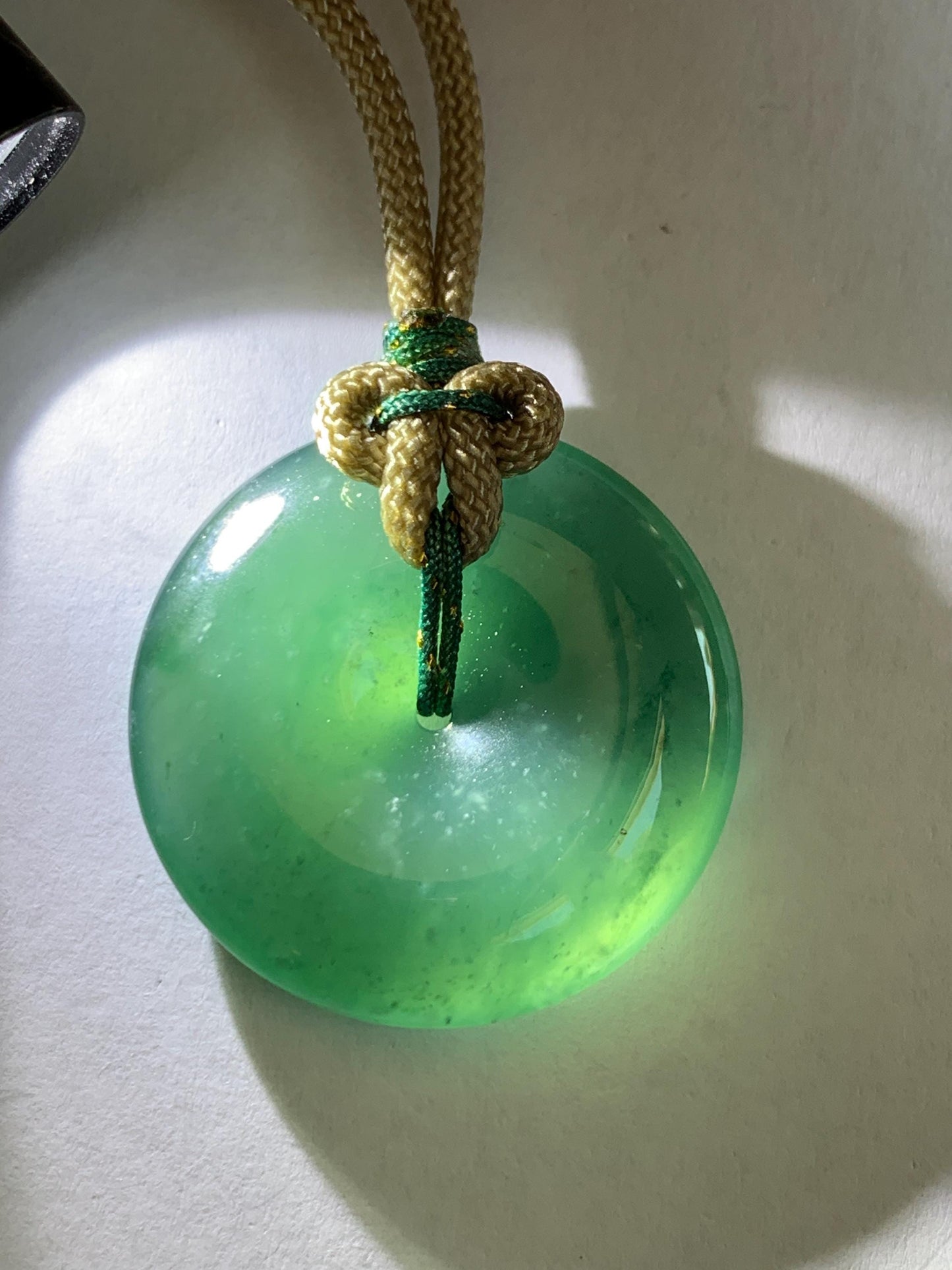 Natural Grade A Guatemalan Icy Translucent Dark Teal Green Jade Jadeite Ping An Kou Donut Pendant Rope Necklace 25" 12g 天然冰胶危深绿翡翠平安扣吊坠WSU280