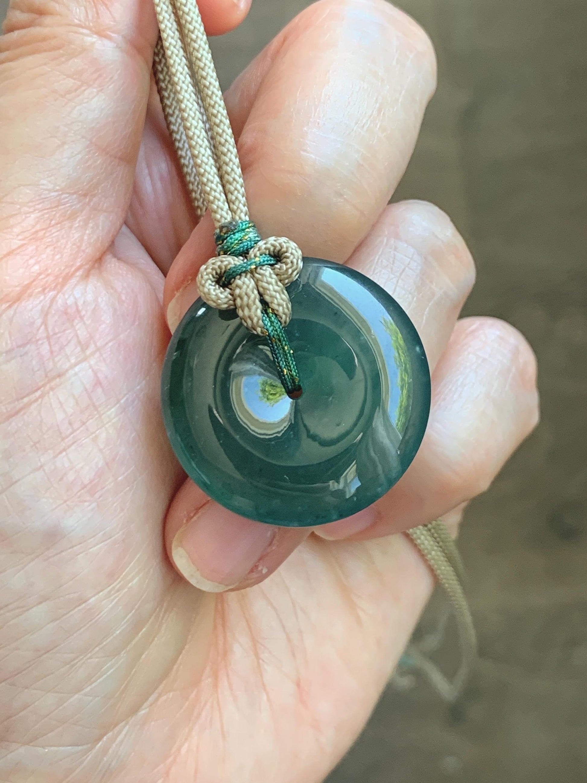 Natural Grade A Guatemalan Icy Translucent Dark Teal Green Jade Jadeite Ping An Kou Donut Pendant Rope Necklace 25" 12g 天然冰胶危深绿翡翠平安扣吊坠WSU280