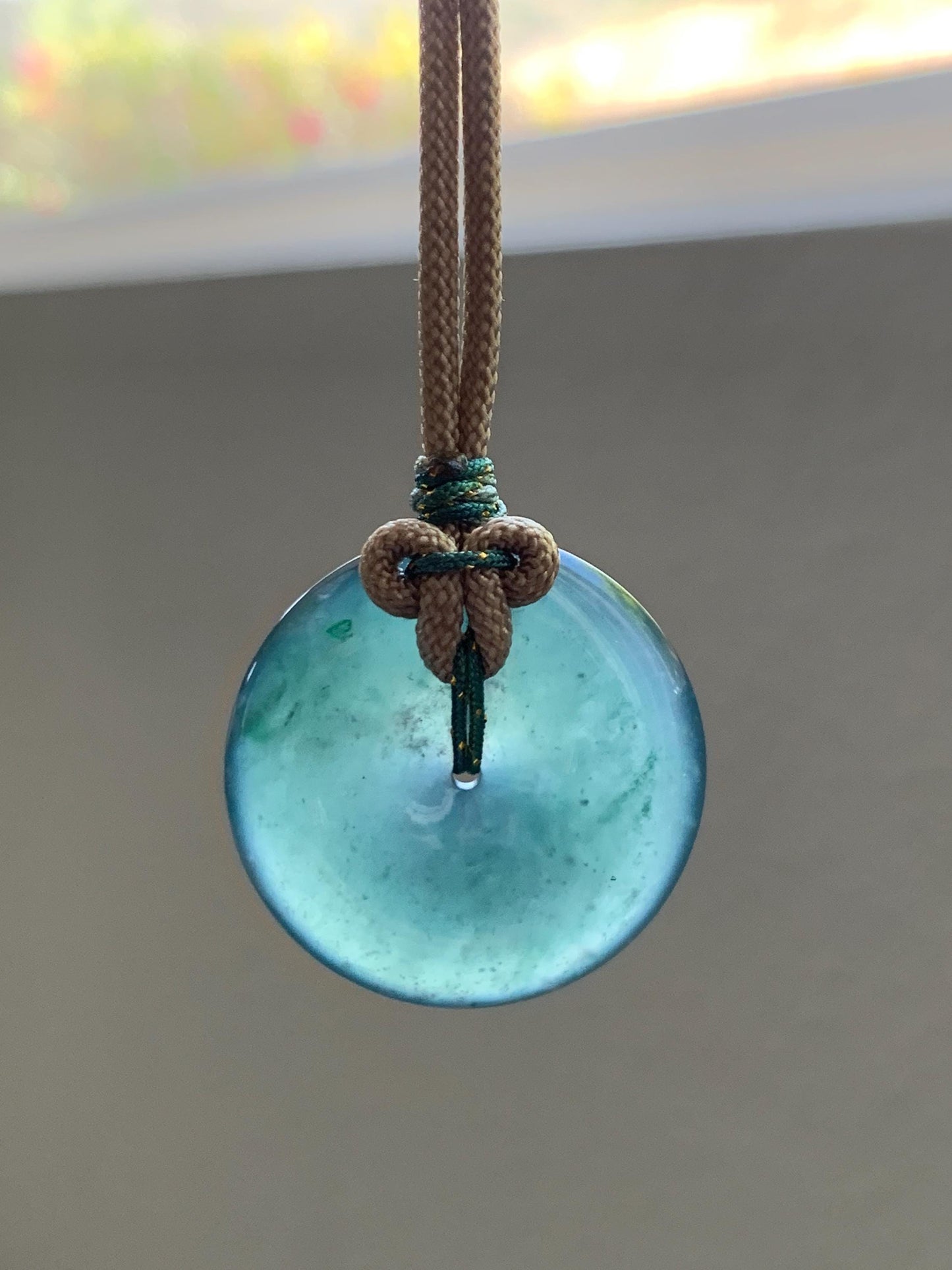 Natural Grade A Guatemalan Icy Translucent Dark Teal Green Jade Jadeite Ping An Kou Donut Pendant Rope Necklace 25" 12g 天然冰胶危深绿翡翠平安扣吊坠WSU280