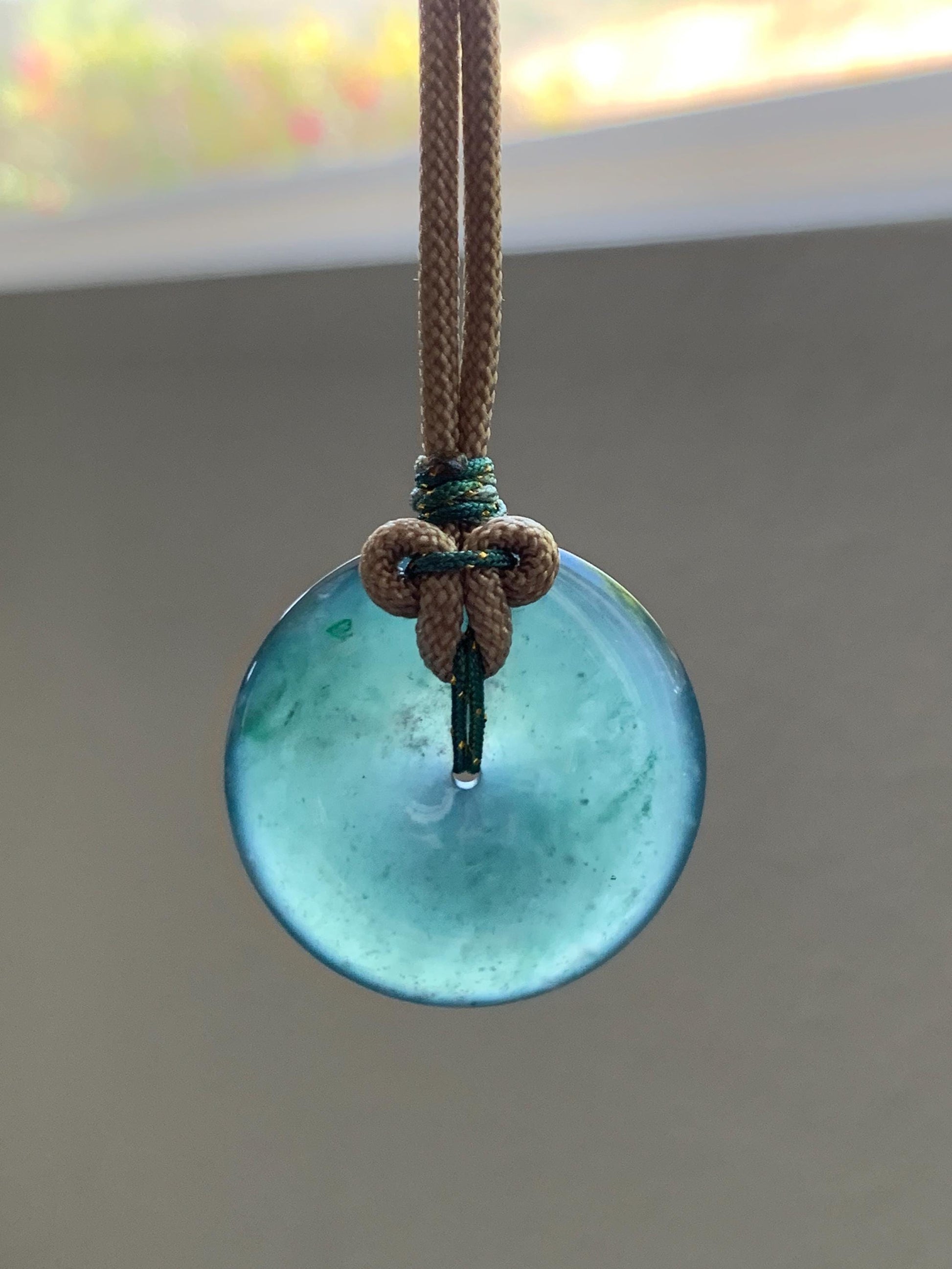 Natural Grade A Guatemalan Icy Translucent Dark Teal Green Jade Jadeite Ping An Kou Donut Pendant Rope Necklace 25" 12g 天然冰胶危深绿翡翠平安扣吊坠WSU280