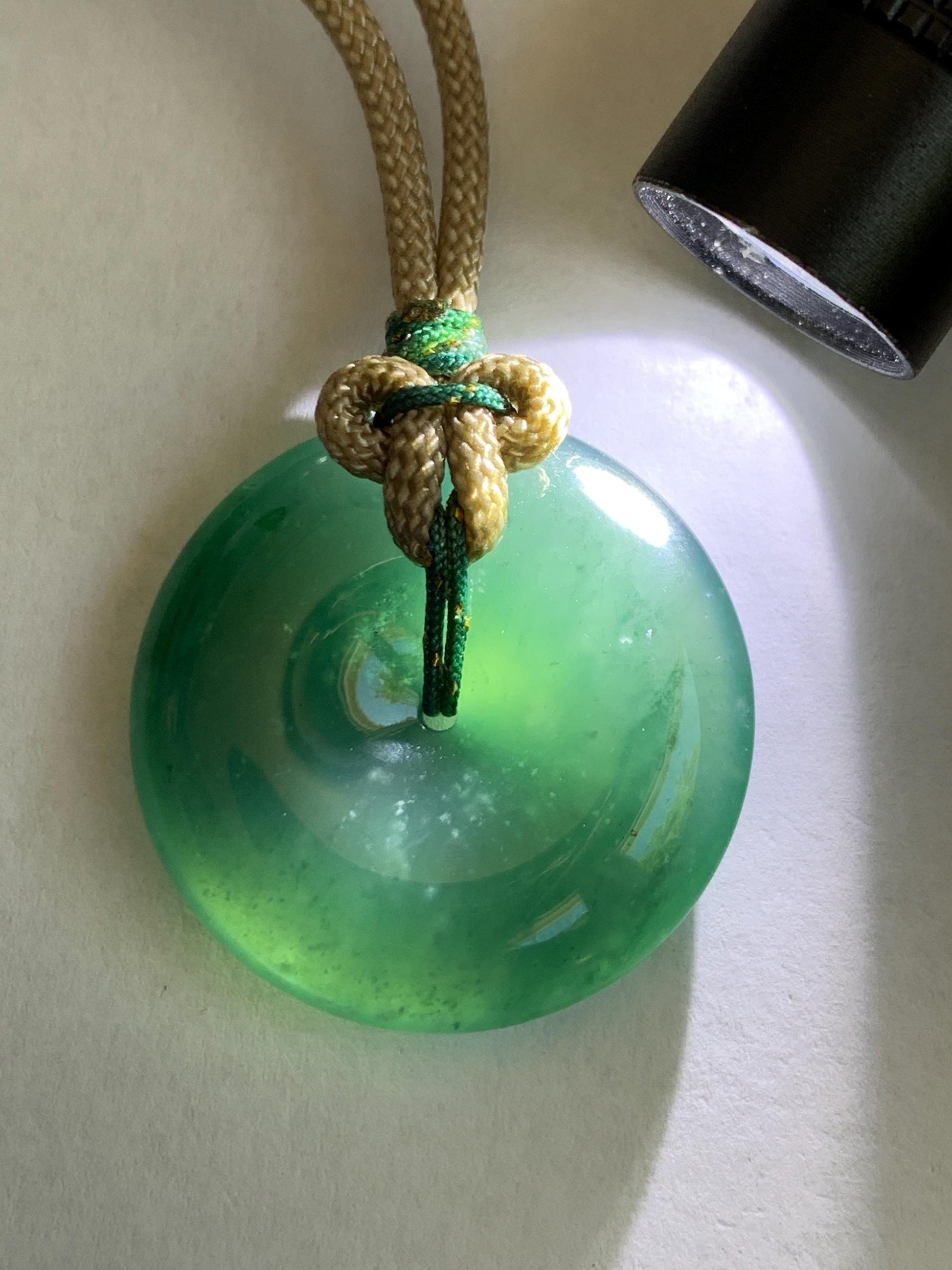 Natural Grade A Guatemalan Icy Translucent Dark Teal Green Jade Jadeite Ping An Kou Donut Pendant Rope Necklace 25" 12g 天然冰胶危深绿翡翠平安扣吊坠WSU280