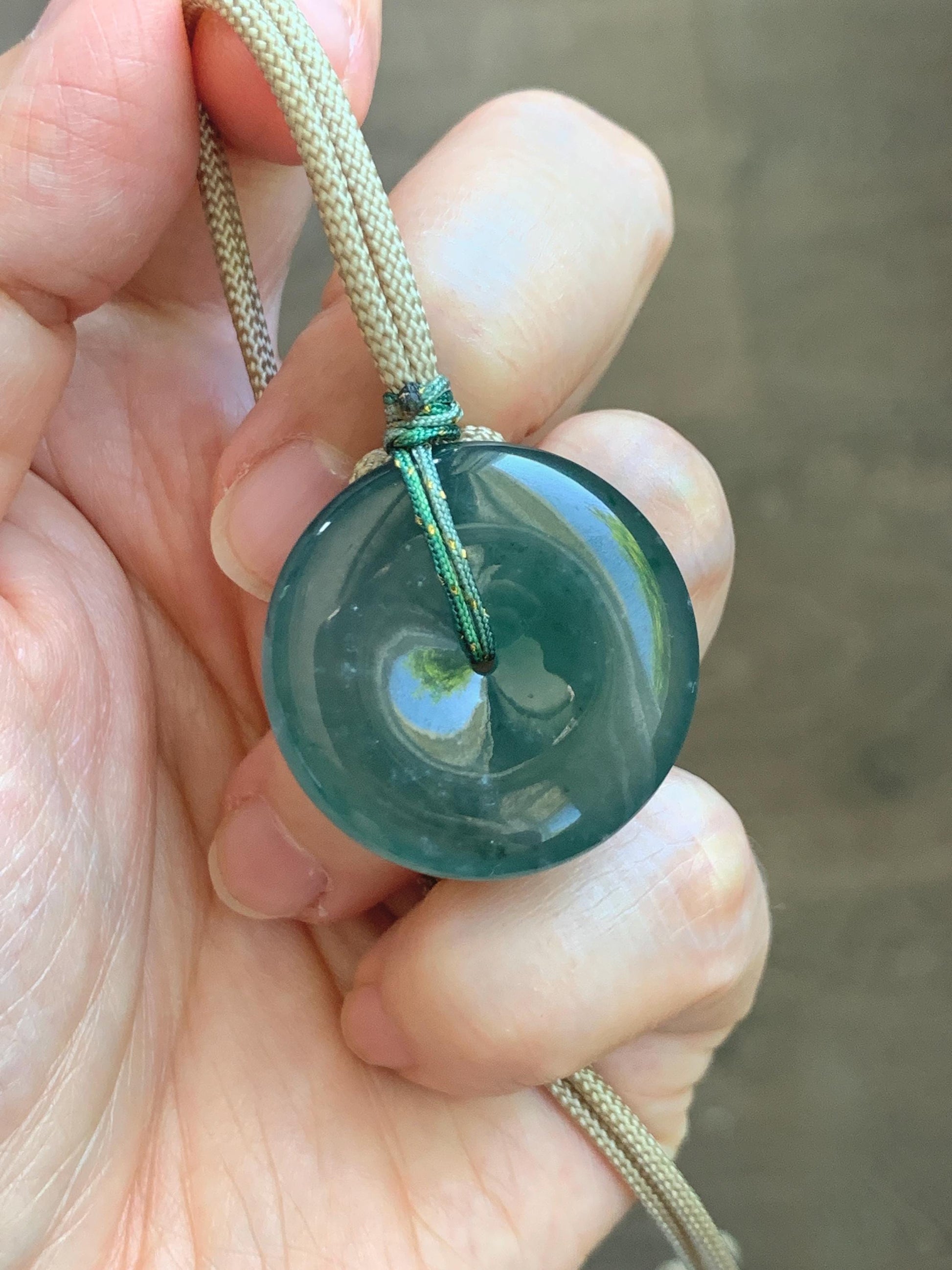 Natural Grade A Guatemalan Icy Translucent Dark Teal Green Jade Jadeite Ping An Kou Donut Pendant Rope Necklace 25" 12g 天然冰胶危深绿翡翠平安扣吊坠WSU280