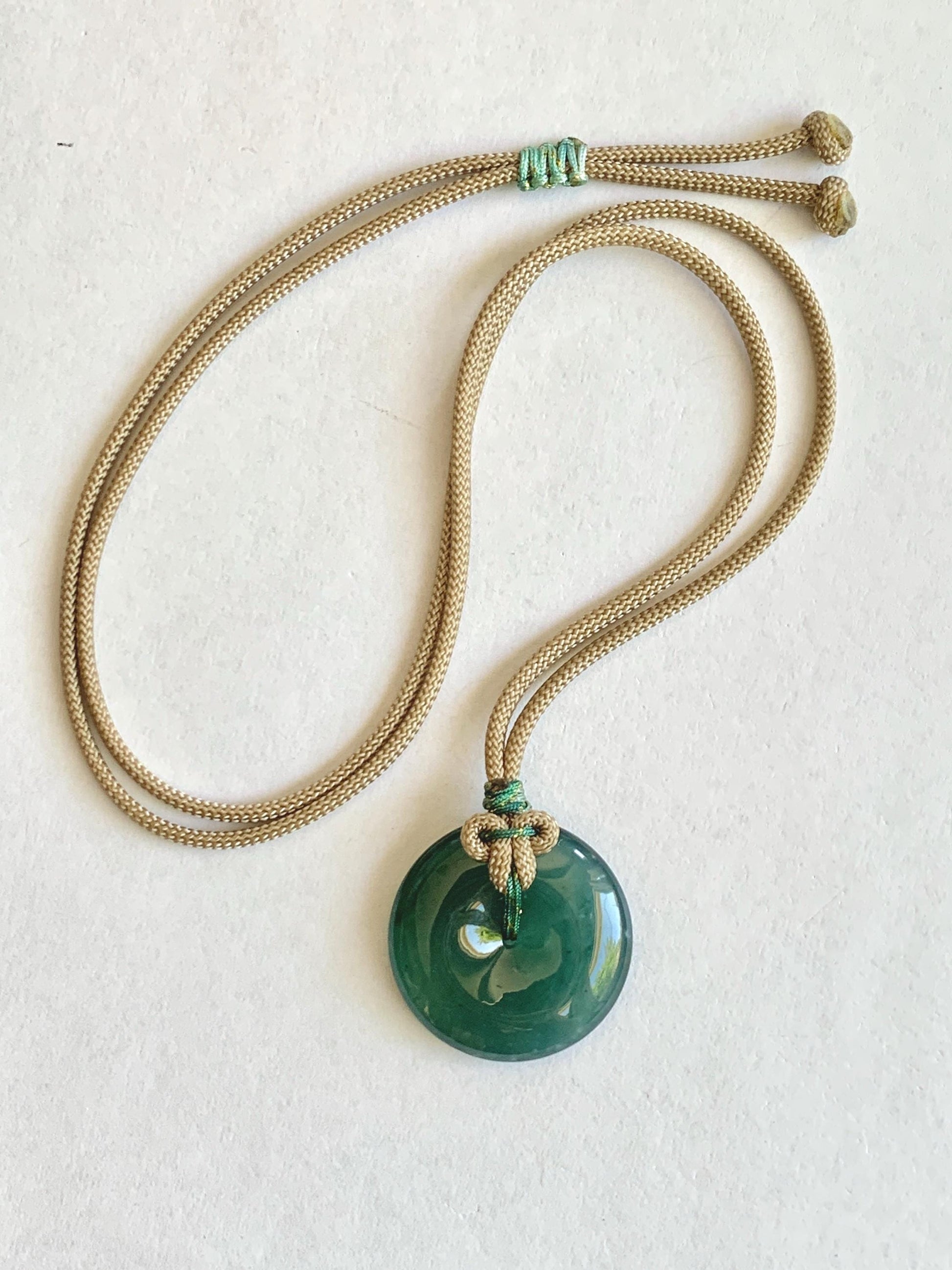 Natural Grade A Guatemalan Icy Translucent Dark Teal Green Jade Jadeite Ping An Kou Donut Pendant Rope Necklace 25" 12g 天然冰胶危深绿翡翠平安扣吊坠WSU280