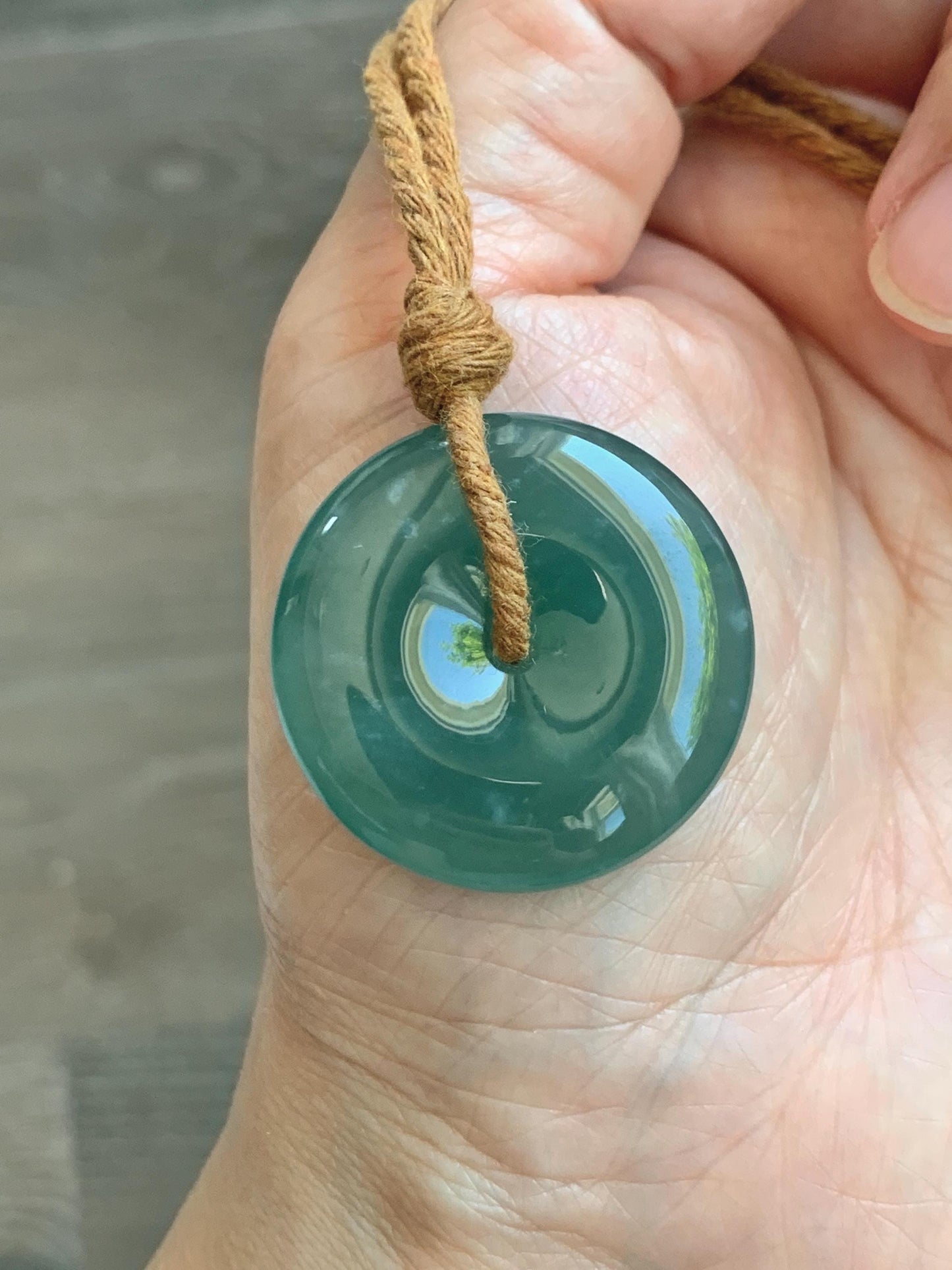 Natural Grade A Guatemalan Icy Translucent Dark Teal Blue Jade Jadeite Ping An Kou Donut Pendant Rope Necklace 25" 天然冰胶危深蓝绿翡翠平安扣吊坠 WSB660A