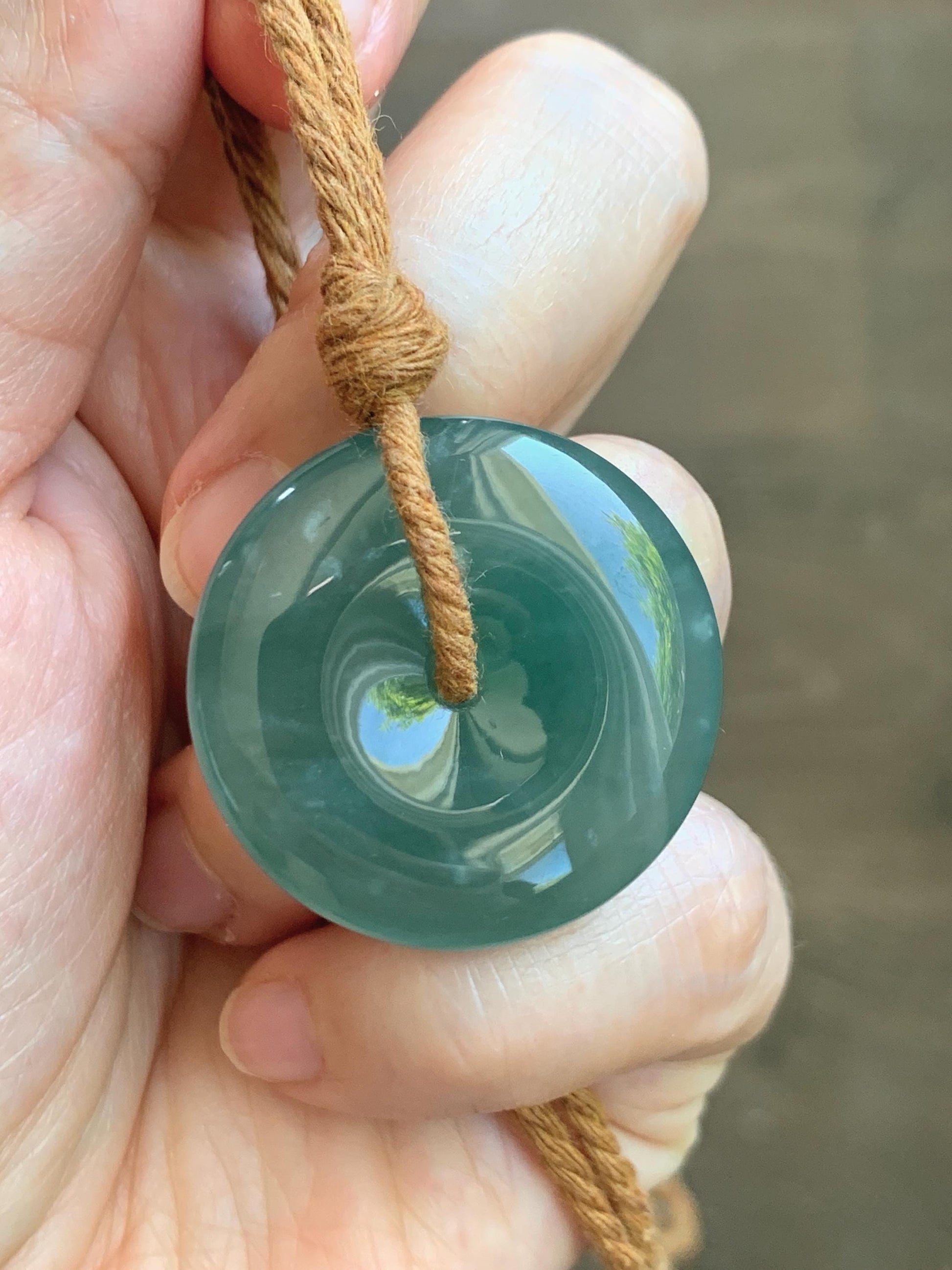 Natural Grade A Guatemalan Icy Translucent Dark Teal Blue Jade Jadeite Ping An Kou Donut Pendant Rope Necklace 25" 天然冰胶危深蓝绿翡翠平安扣吊坠 WSB660A