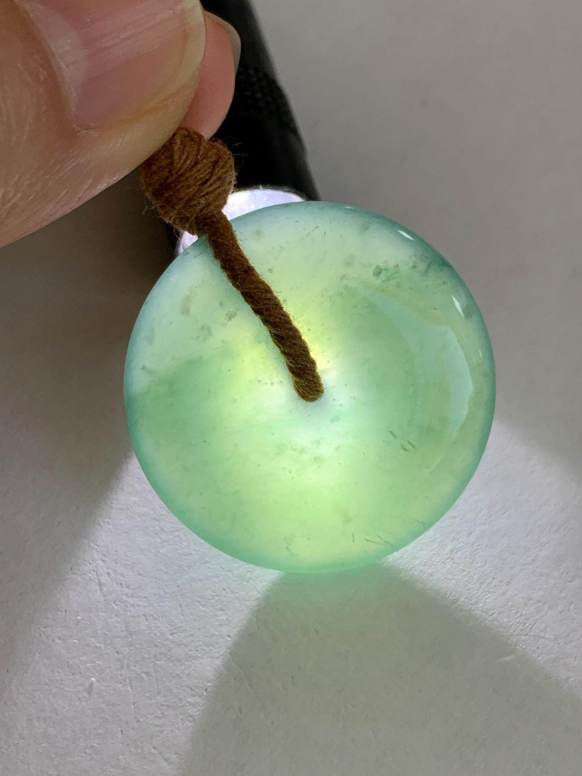 Natural Grade A Guatemalan Icy Translucent Dark Teal Blue Jade Jadeite Ping An Kou Donut Pendant Rope Necklace 25" 天然冰胶危深蓝绿翡翠平安扣吊坠 WSB660A