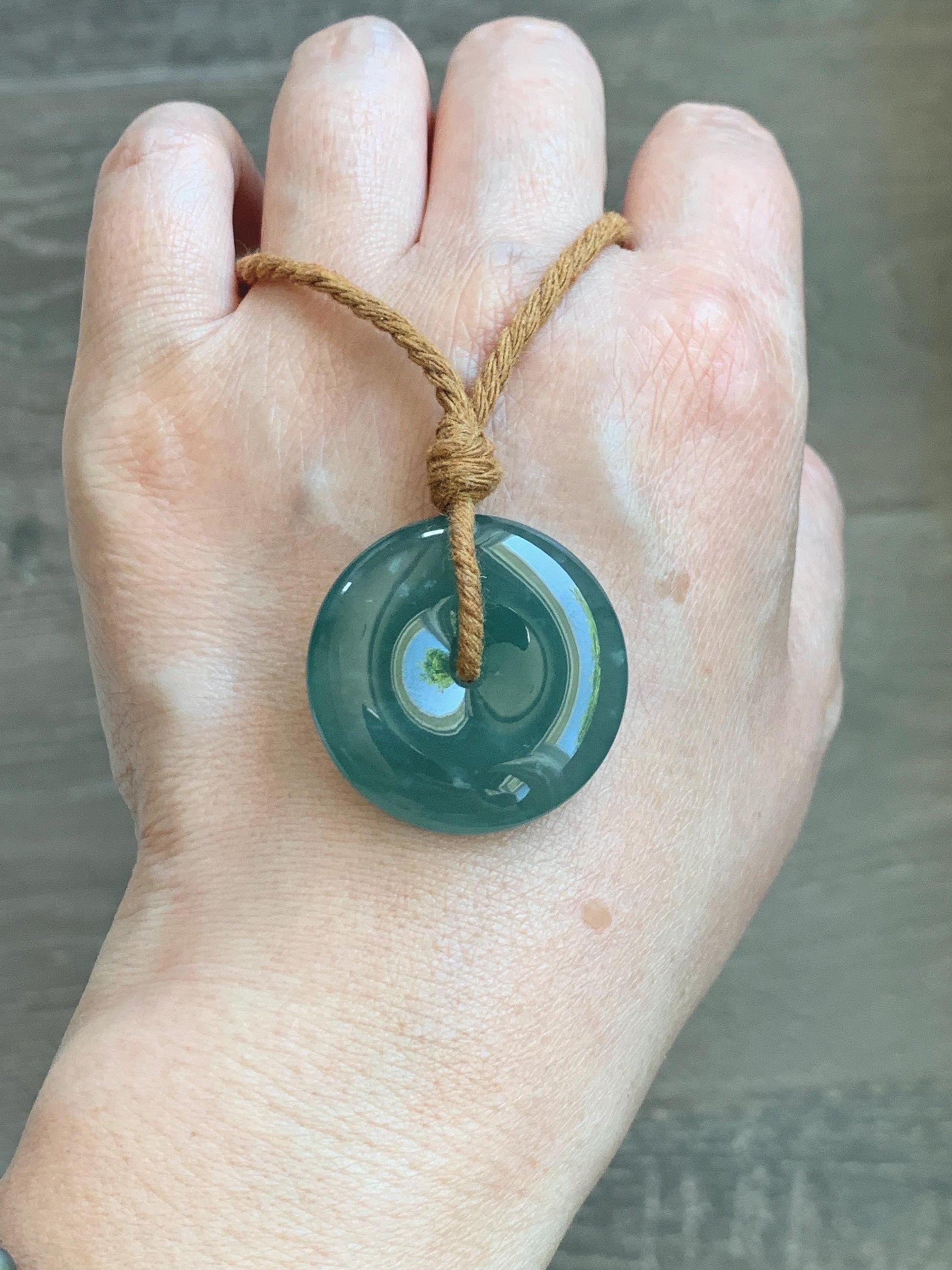 Natural Grade A Guatemalan Icy Translucent Dark Teal Blue Jade Jadeite Ping An Kou Donut Pendant Rope Necklace 25" 天然冰胶危深蓝绿翡翠平安扣吊坠 WSB660A