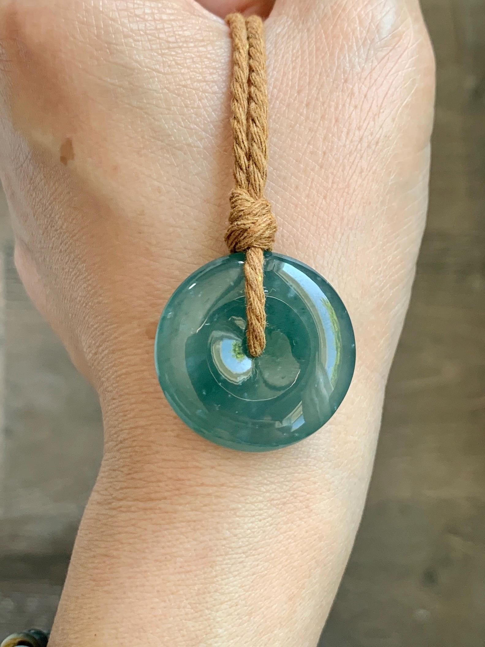 Natural Grade A Guatemalan Icy Translucent Dark Teal Blue Jade Jadeite Ping An Kou Donut Pendant Rope Necklace 24" 天然冰胶危深蓝绿翡翠平安扣吊坠 WSB660B