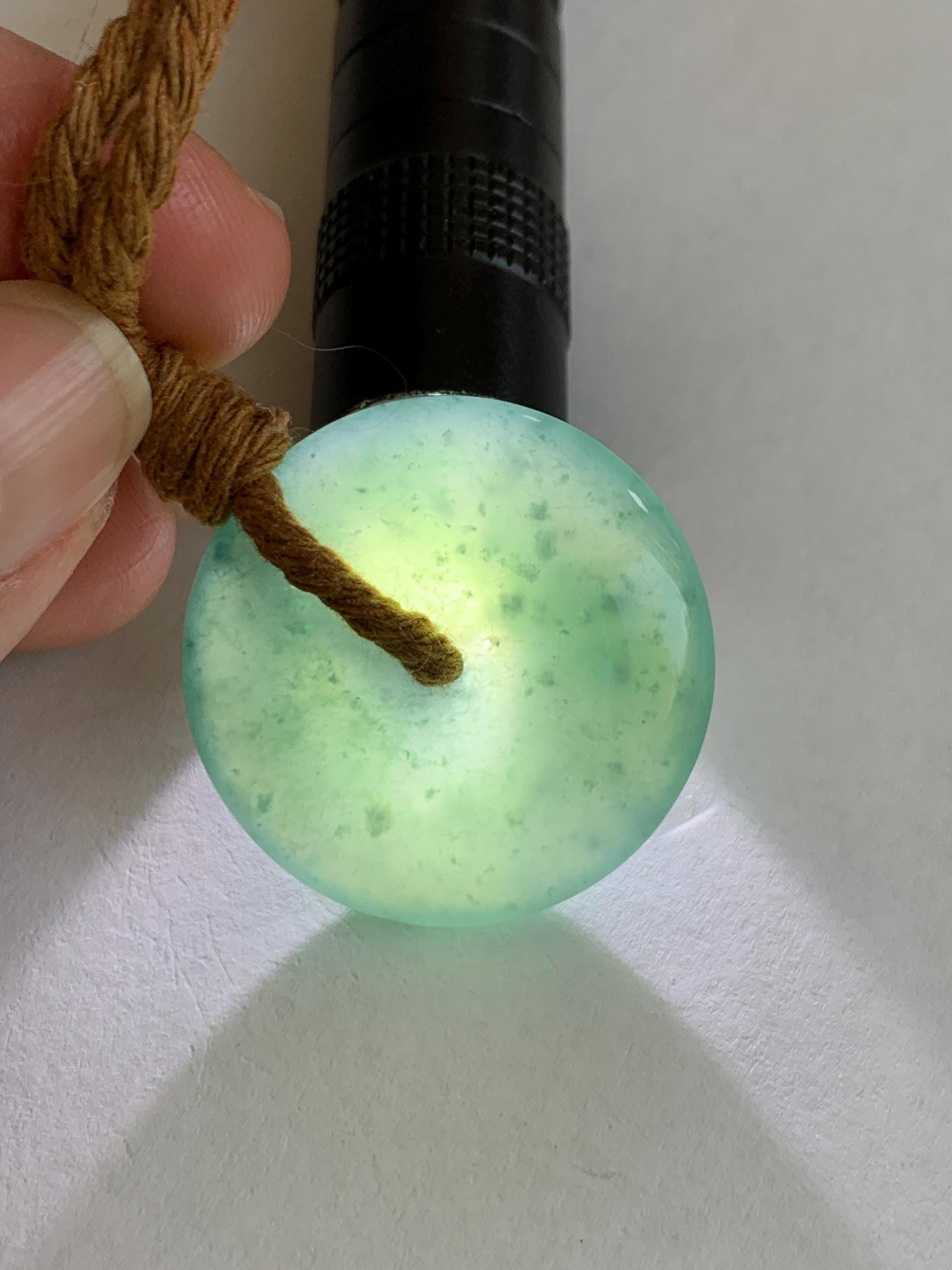 Natural Grade A Guatemalan Icy Translucent Dark Teal Blue Jade Jadeite Ping An Kou Donut Pendant Rope Necklace 24" 天然冰胶危深蓝绿翡翠平安扣吊坠 WSB660B