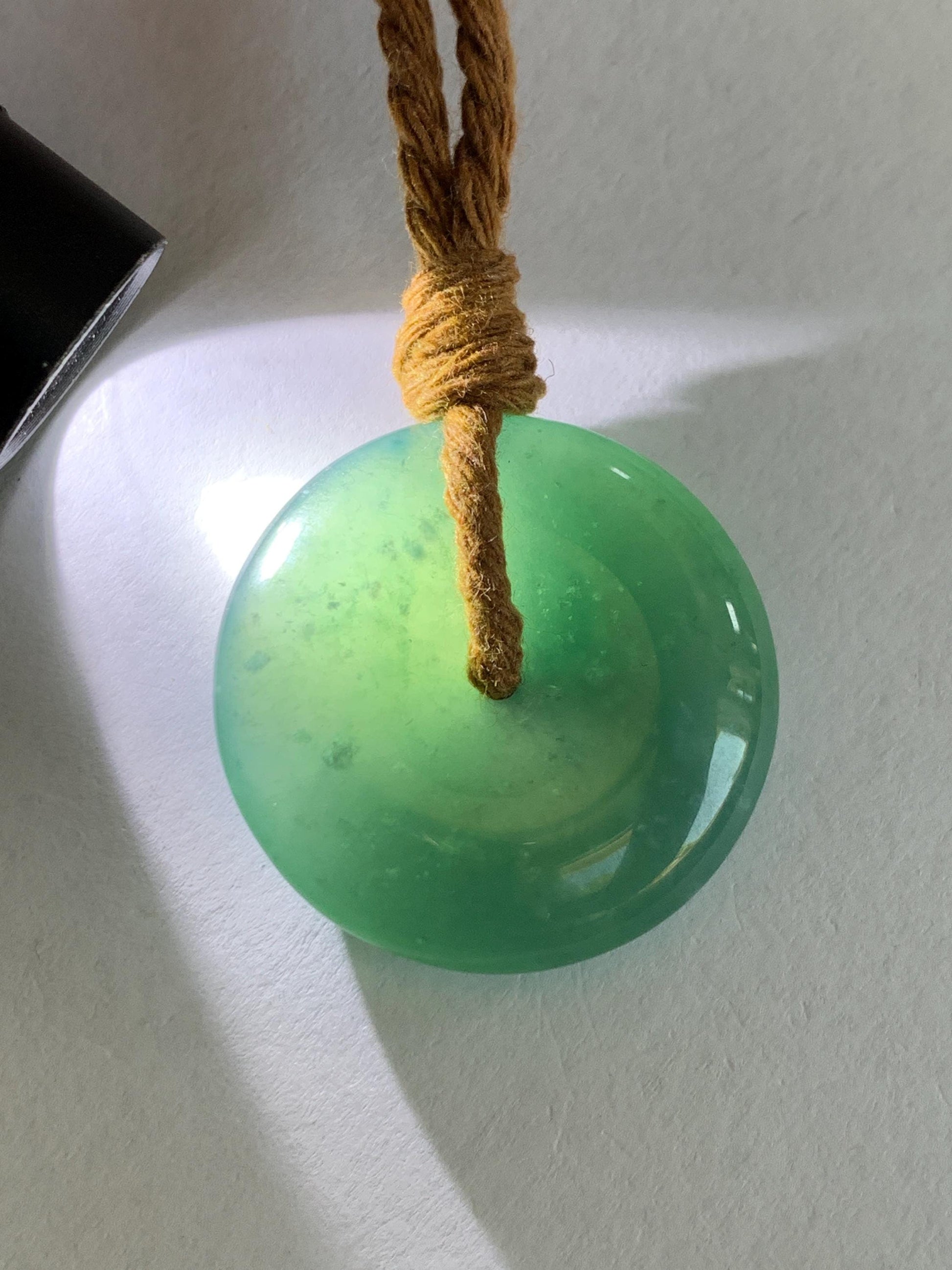 Natural Grade A Guatemalan Icy Translucent Dark Teal Blue Jade Jadeite Ping An Kou Donut Pendant Rope Necklace 24" 天然冰胶危深蓝绿翡翠平安扣吊坠 WSB660B