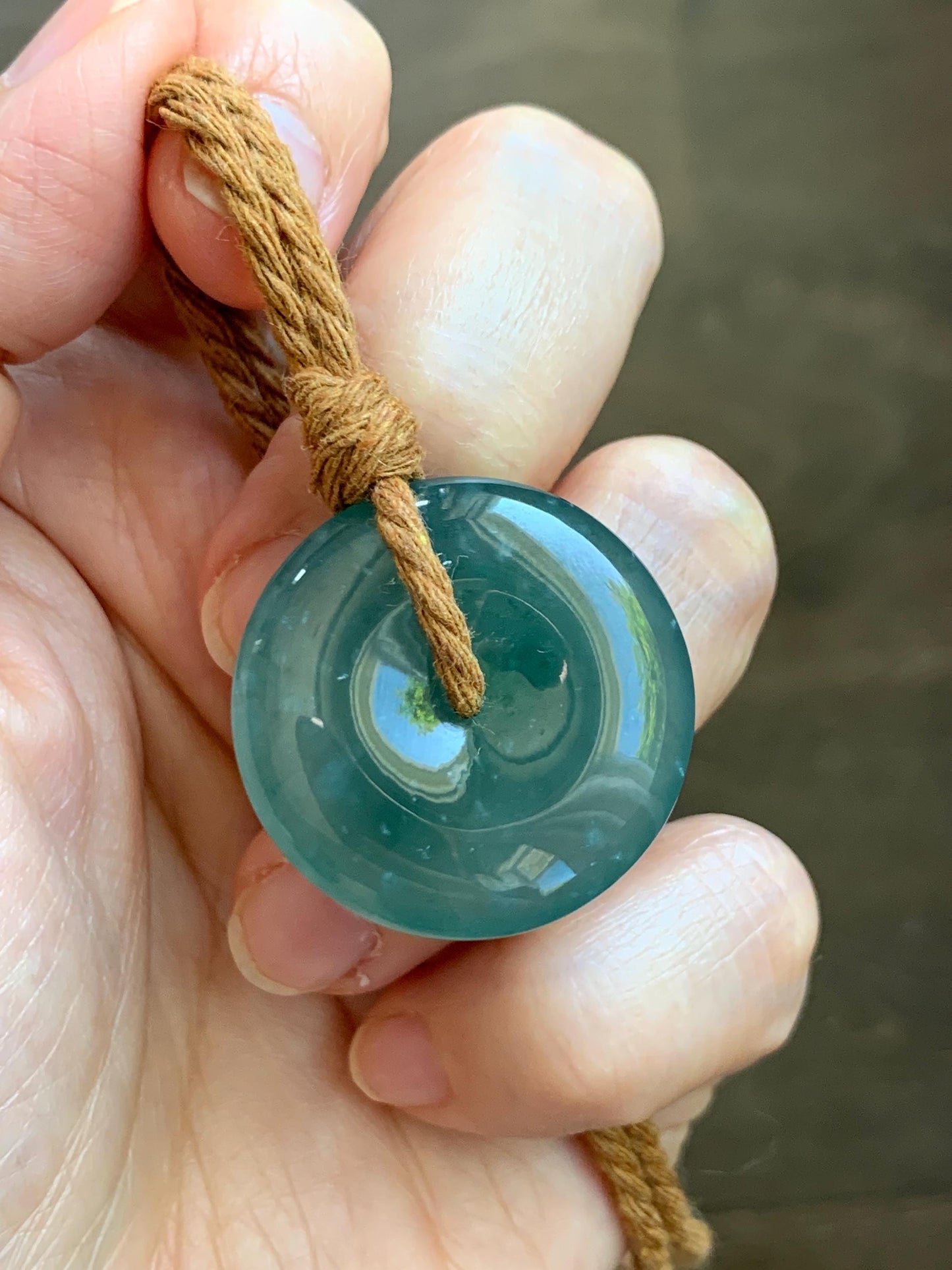 Natural Grade A Guatemalan Icy Translucent Dark Teal Blue Jade Jadeite Ping An Kou Donut Pendant Rope Necklace 24" 天然冰胶危深蓝绿翡翠平安扣吊坠 WSB660B