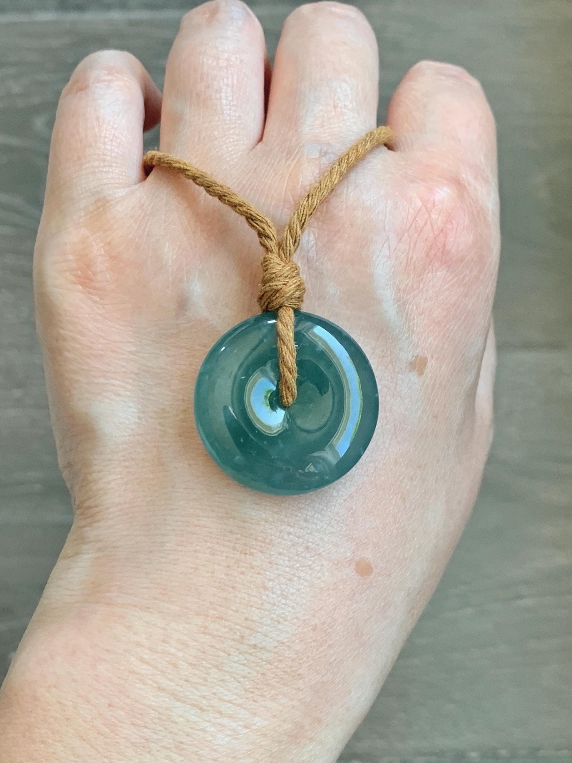 Natural Grade A Guatemalan Icy Translucent Dark Teal Blue Jade Jadeite Ping An Kou Donut Pendant Rope Necklace 24" 天然冰胶危深蓝绿翡翠平安扣吊坠 WSB660B