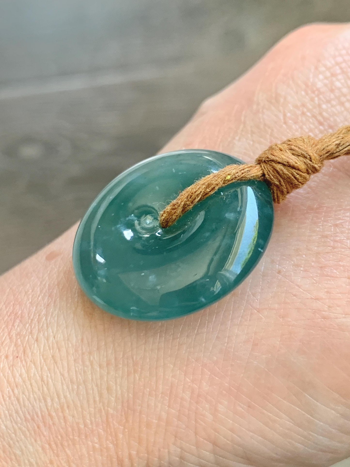 Natural Grade A Guatemalan Icy Translucent Dark Teal Blue Jade Jadeite Ping An Kou Donut Pendant Rope Necklace 24" 天然冰胶危深蓝绿翡翠平安扣吊坠 WSB660B
