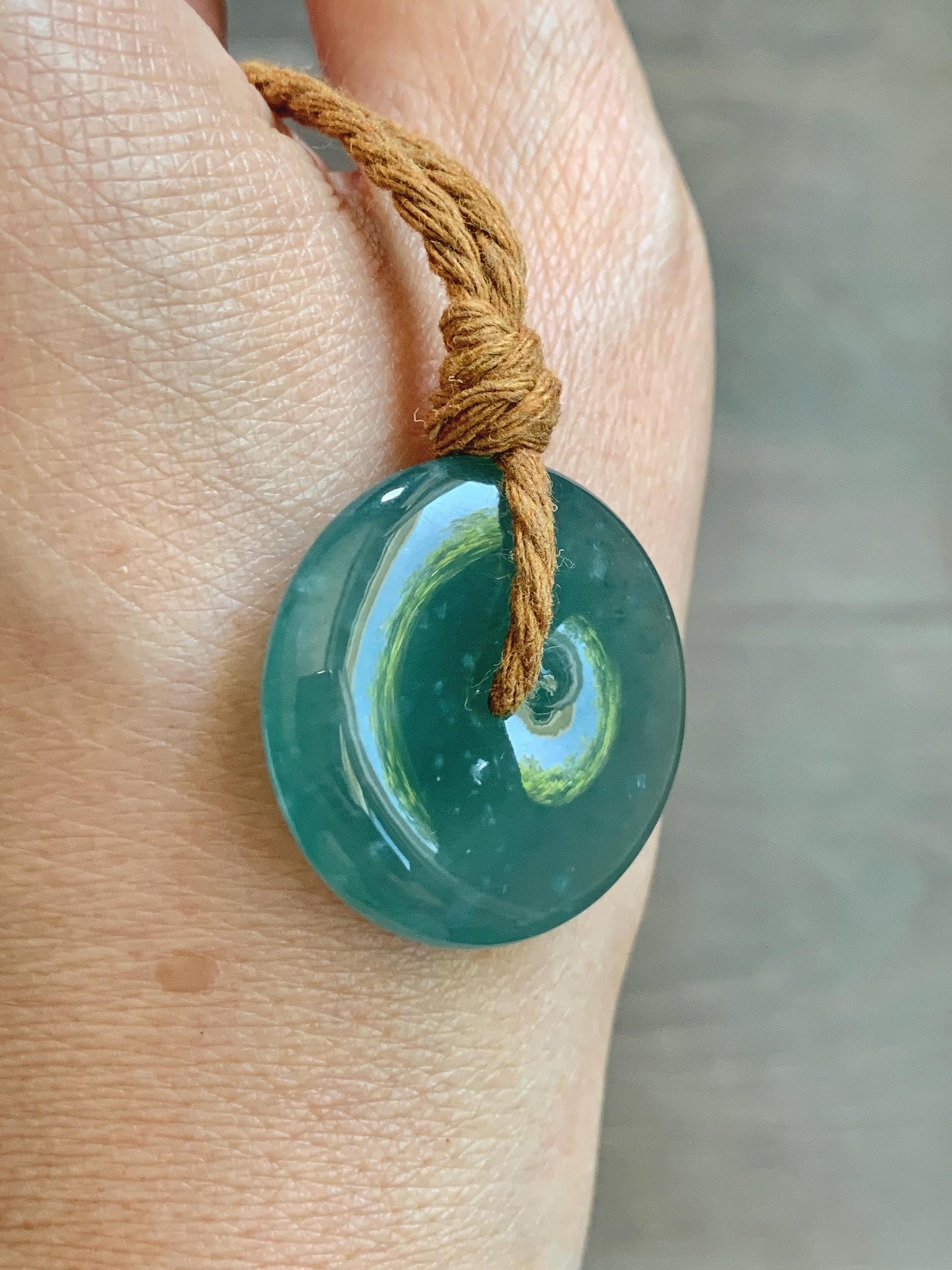 Natural Grade A Guatemalan Icy Translucent Dark Teal Blue Jade Jadeite Ping An Kou Donut Pendant Rope Necklace 24" 天然冰胶危深蓝绿翡翠平安扣吊坠 WSB660B