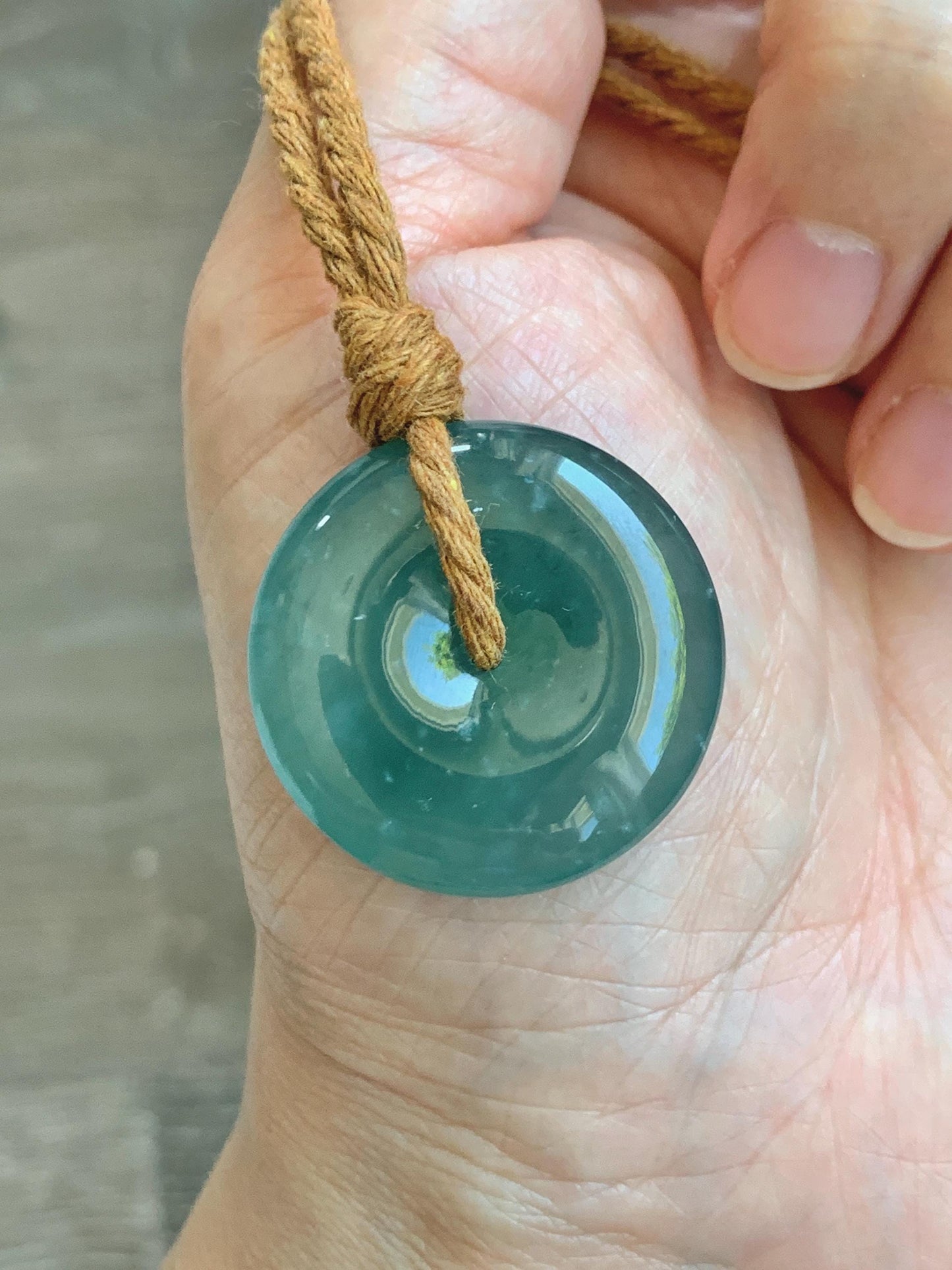 Natural Grade A Guatemalan Icy Translucent Dark Teal Blue Jade Jadeite Ping An Kou Donut Pendant Rope Necklace 24" 天然冰胶危深蓝绿翡翠平安扣吊坠 WSB660B