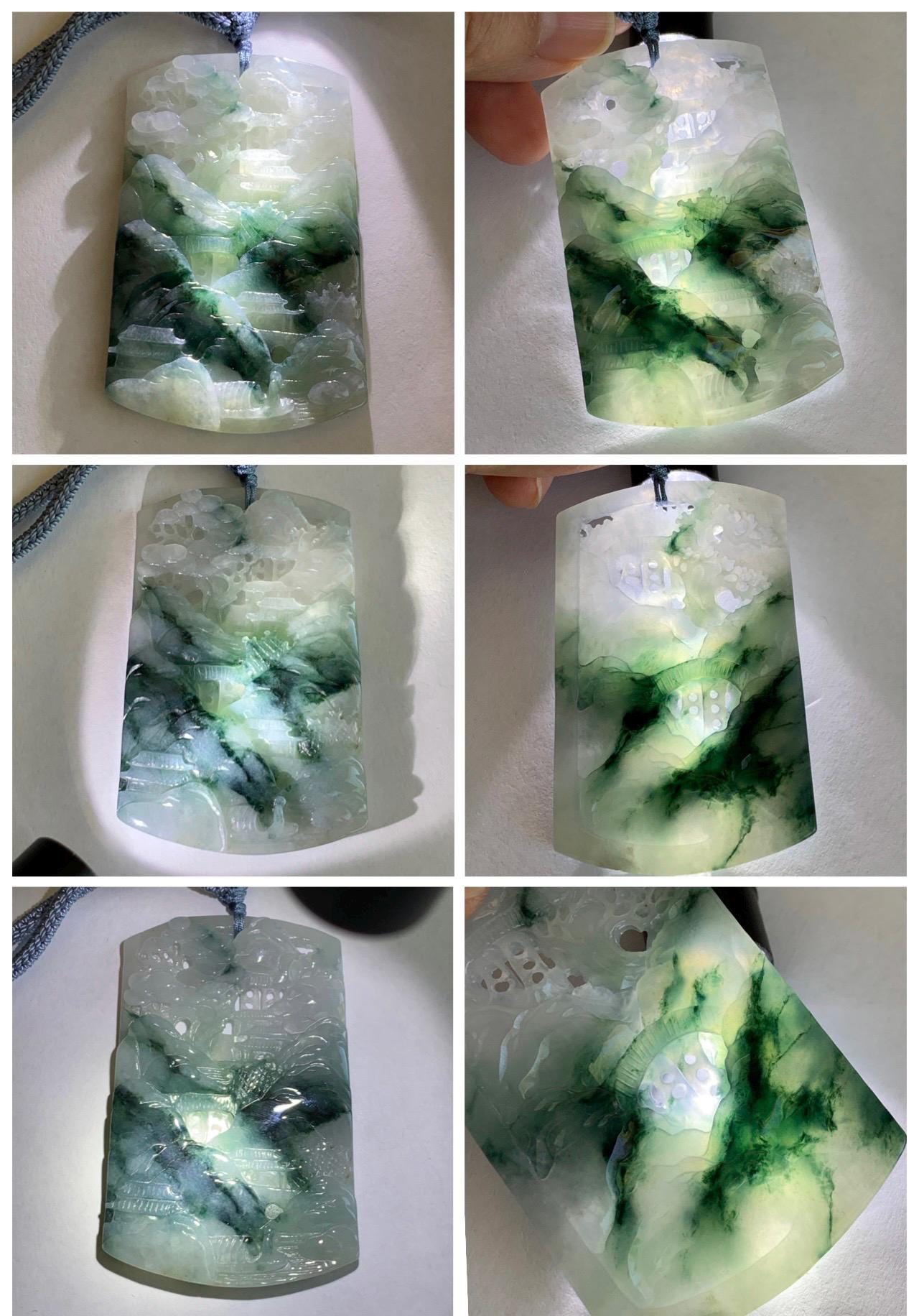 Certified Natural Grade A Icy Translucent Dark Teal Green Marbled Jade Jadeite Shan Shui Large Pendant Rope Necklace 天然冰透飘花翡翠山水吊坠 486
