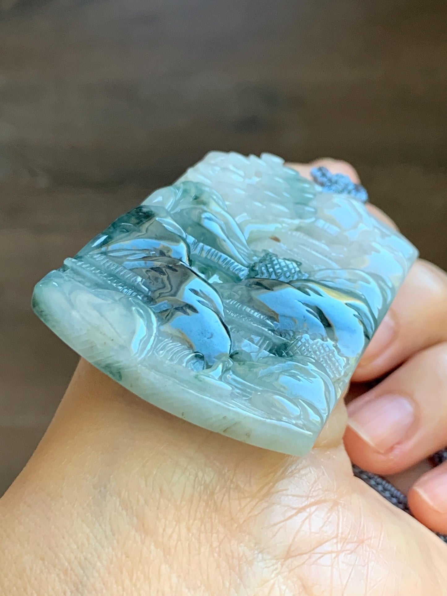 Certified Natural Grade A Icy Translucent Dark Teal Green Marbled Jade Jadeite Shan Shui Large Pendant Rope Necklace 天然冰透飘花翡翠山水吊坠 486