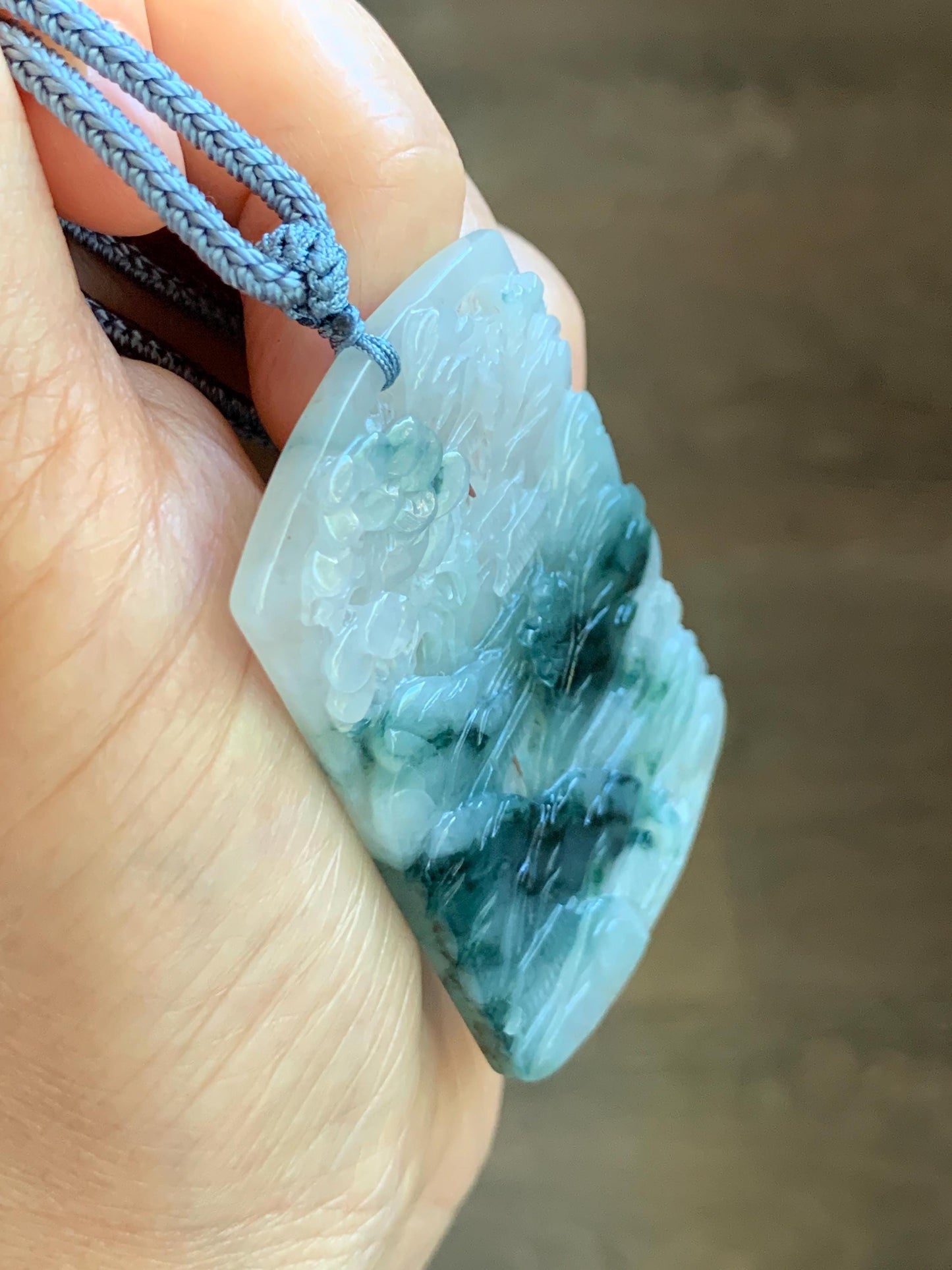 Certified Natural Grade A Icy Translucent Dark Teal Green Marbled Jade Jadeite Shan Shui Large Pendant Rope Necklace 天然冰透飘花翡翠山水吊坠 486