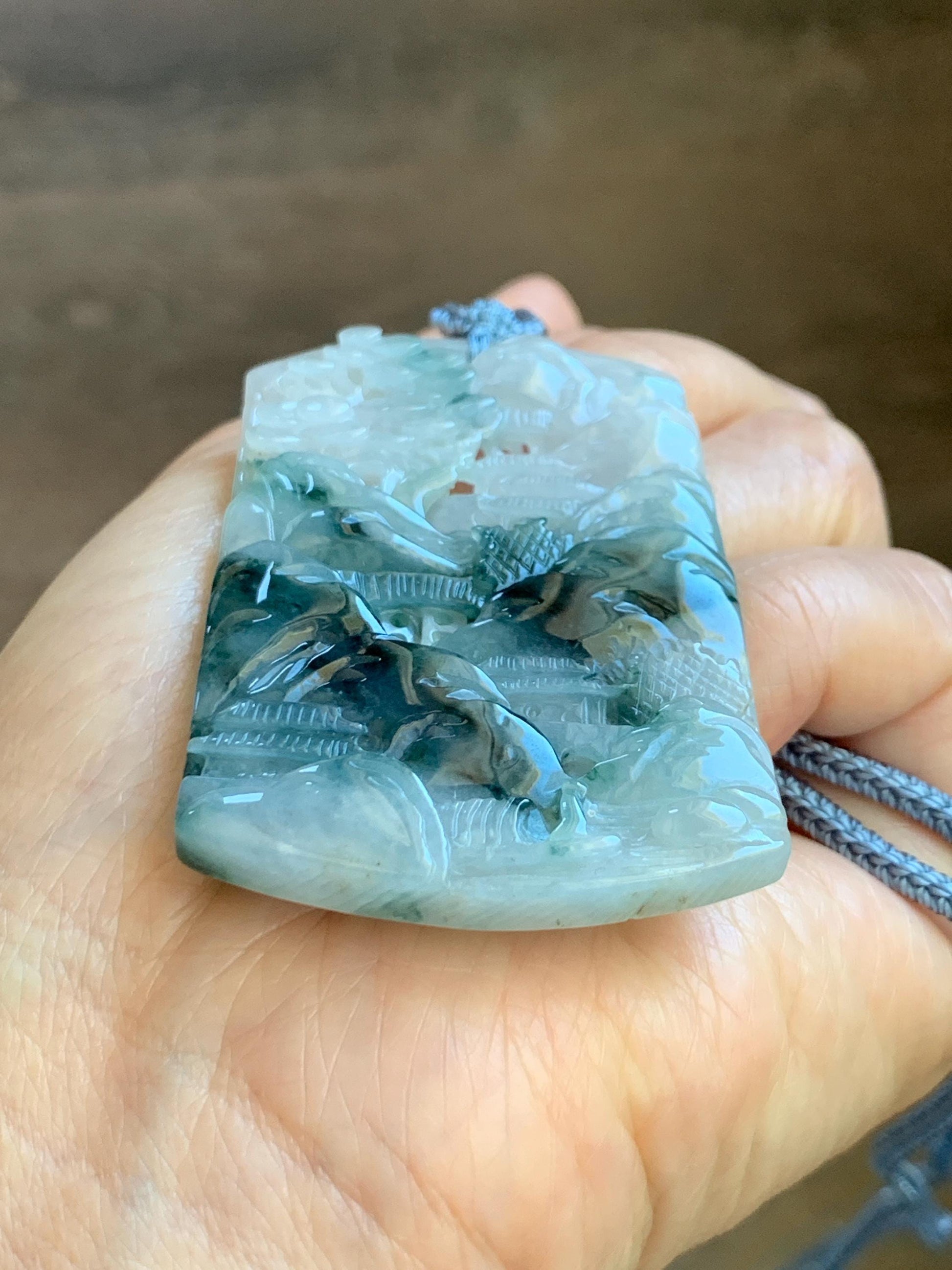 Certified Natural Grade A Icy Translucent Dark Teal Green Marbled Jade Jadeite Shan Shui Large Pendant Rope Necklace 天然冰透飘花翡翠山水吊坠 486