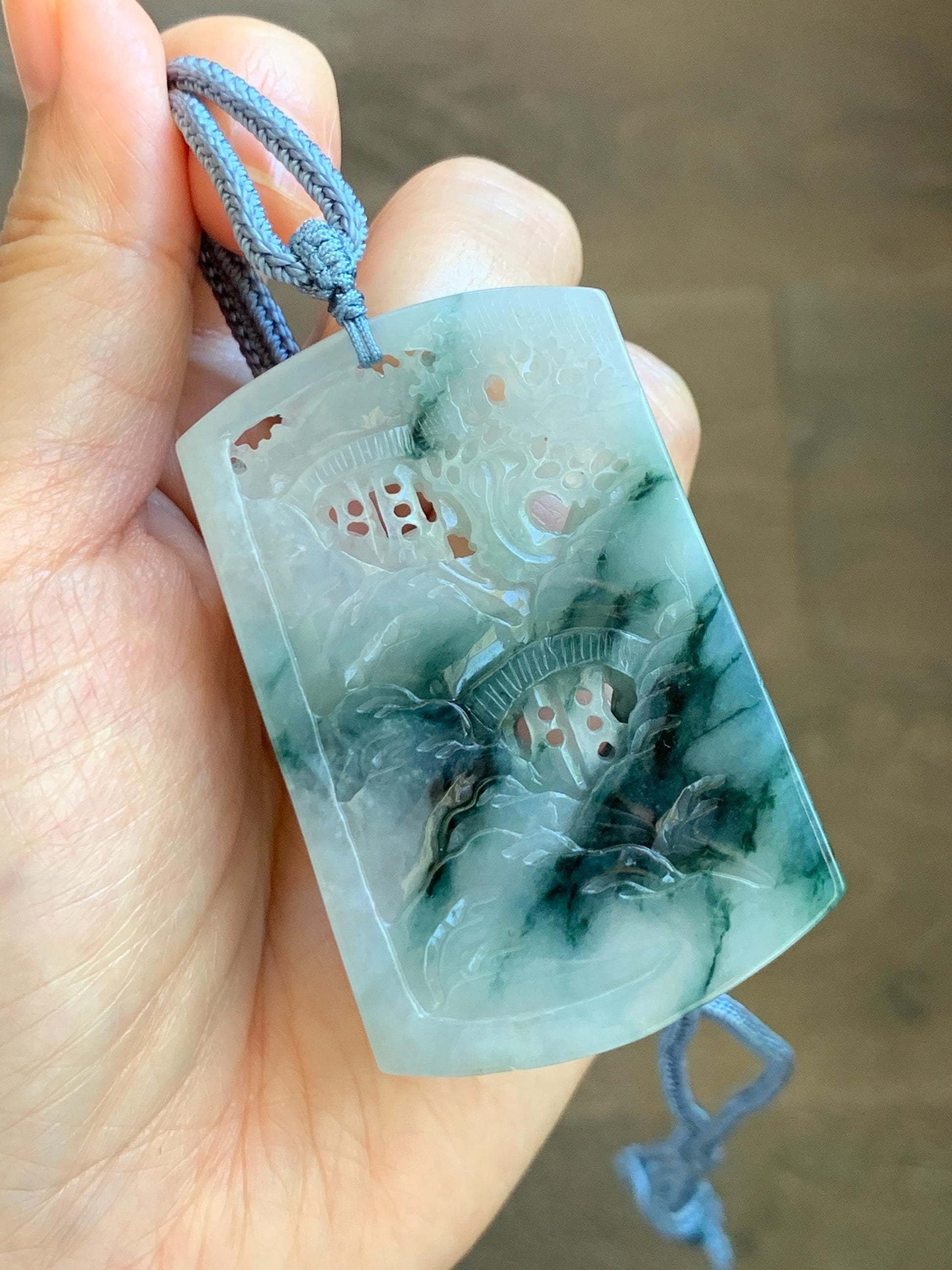 Certified Natural Grade A Icy Translucent Dark Teal Green Marbled Jade Jadeite Shan Shui Large Pendant Rope Necklace 天然冰透飘花翡翠山水吊坠 486