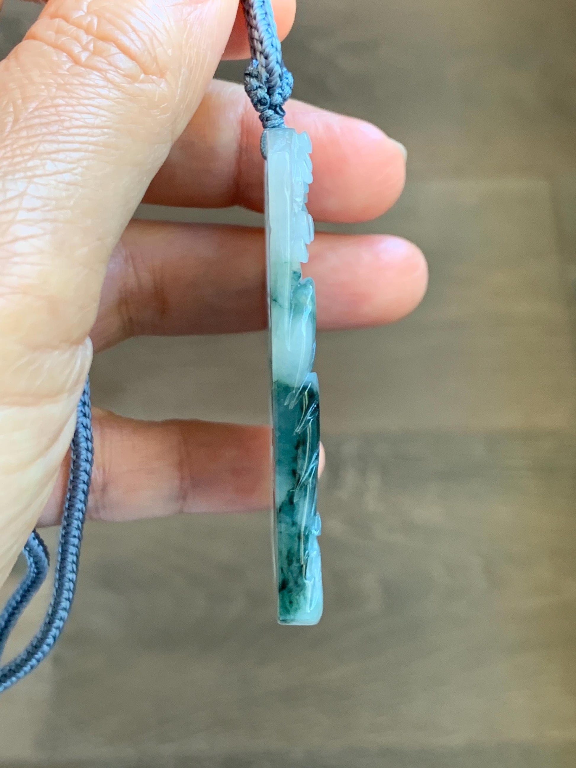 Certified Natural Grade A Icy Translucent Dark Teal Green Marbled Jade Jadeite Shan Shui Large Pendant Rope Necklace 天然冰透飘花翡翠山水吊坠 486