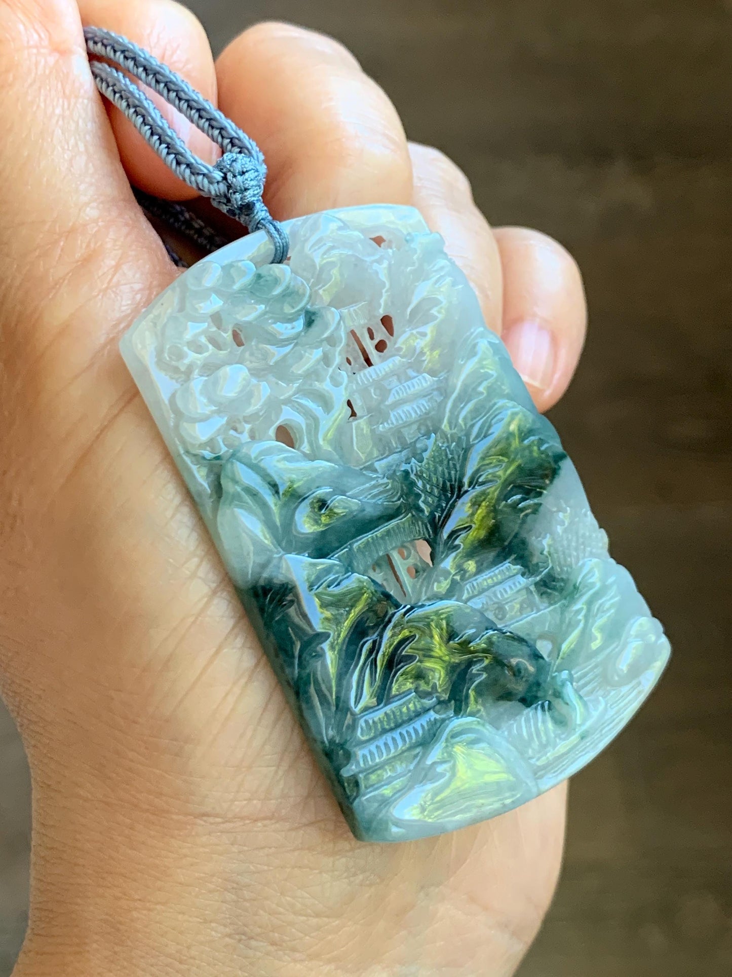 Certified Natural Grade A Icy Translucent Dark Teal Green Marbled Jade Jadeite Shan Shui Large Pendant Rope Necklace 天然冰透飘花翡翠山水吊坠 486