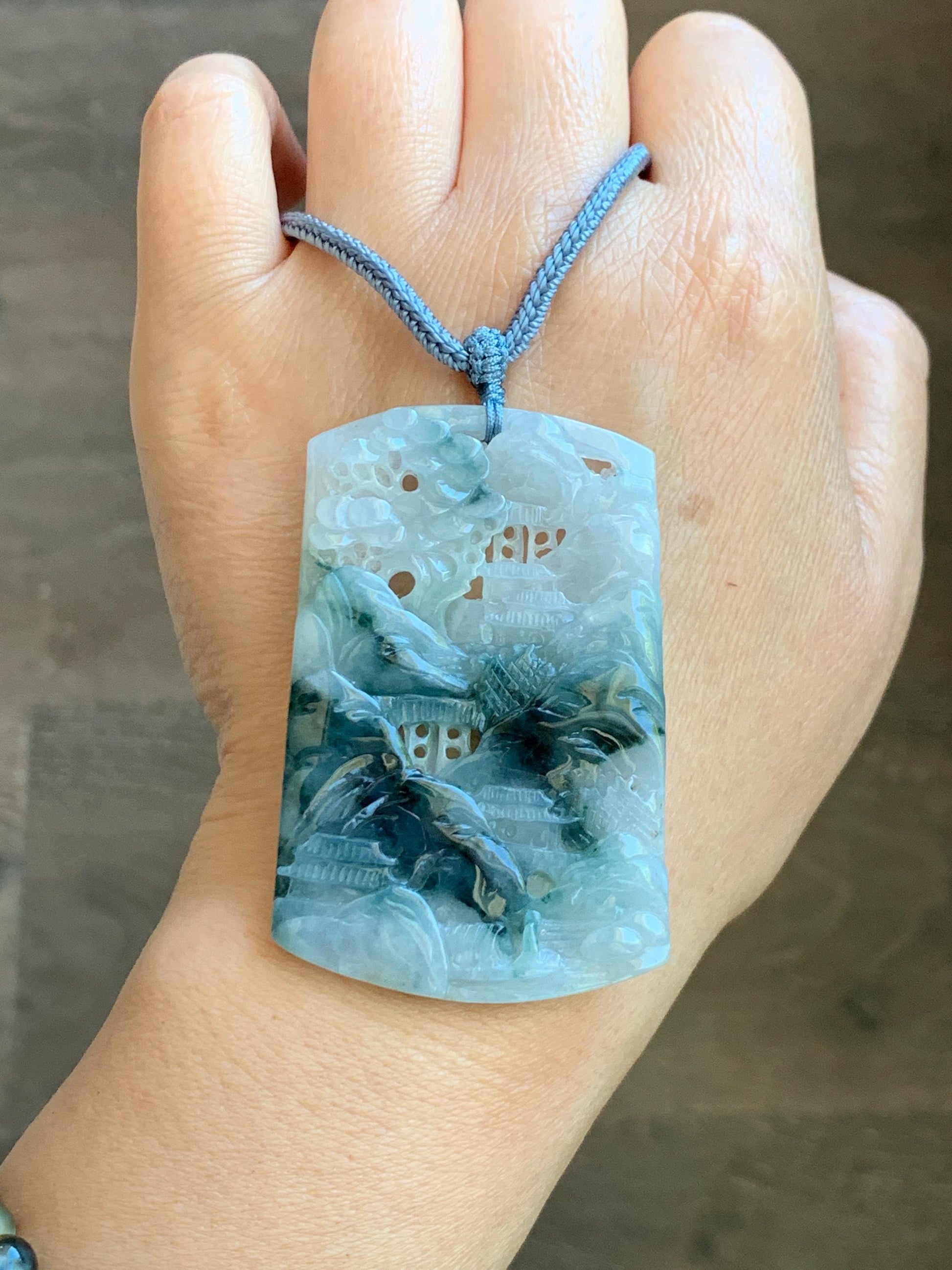 Certified Natural Grade A Icy Translucent Dark Teal Green Marbled Jade Jadeite Shan Shui Large Pendant Rope Necklace 天然冰透飘花翡翠山水吊坠 486