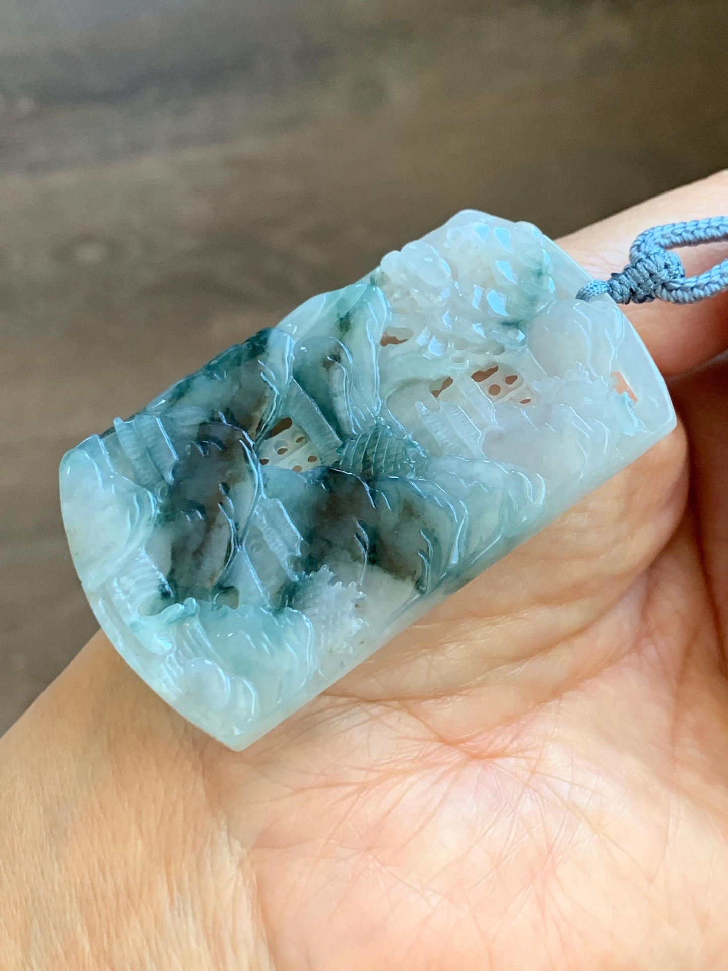 Certified Natural Grade A Icy Translucent Dark Teal Green Marbled Jade Jadeite Shan Shui Large Pendant Rope Necklace 天然冰透飘花翡翠山水吊坠 486