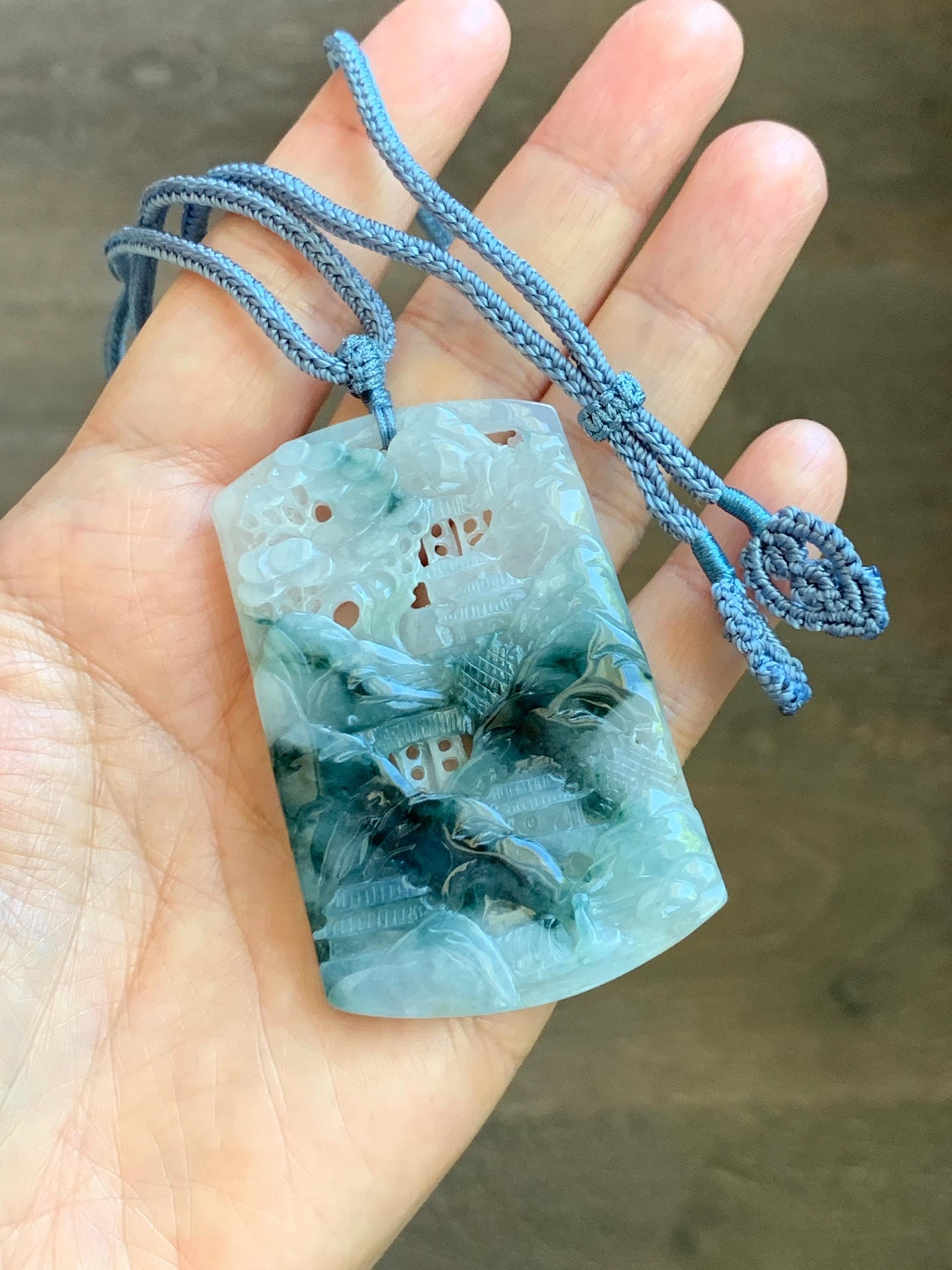 Certified Natural Grade A Icy Translucent Dark Teal Green Marbled Jade Jadeite Shan Shui Large Pendant Rope Necklace 天然冰透飘花翡翠山水吊坠 486