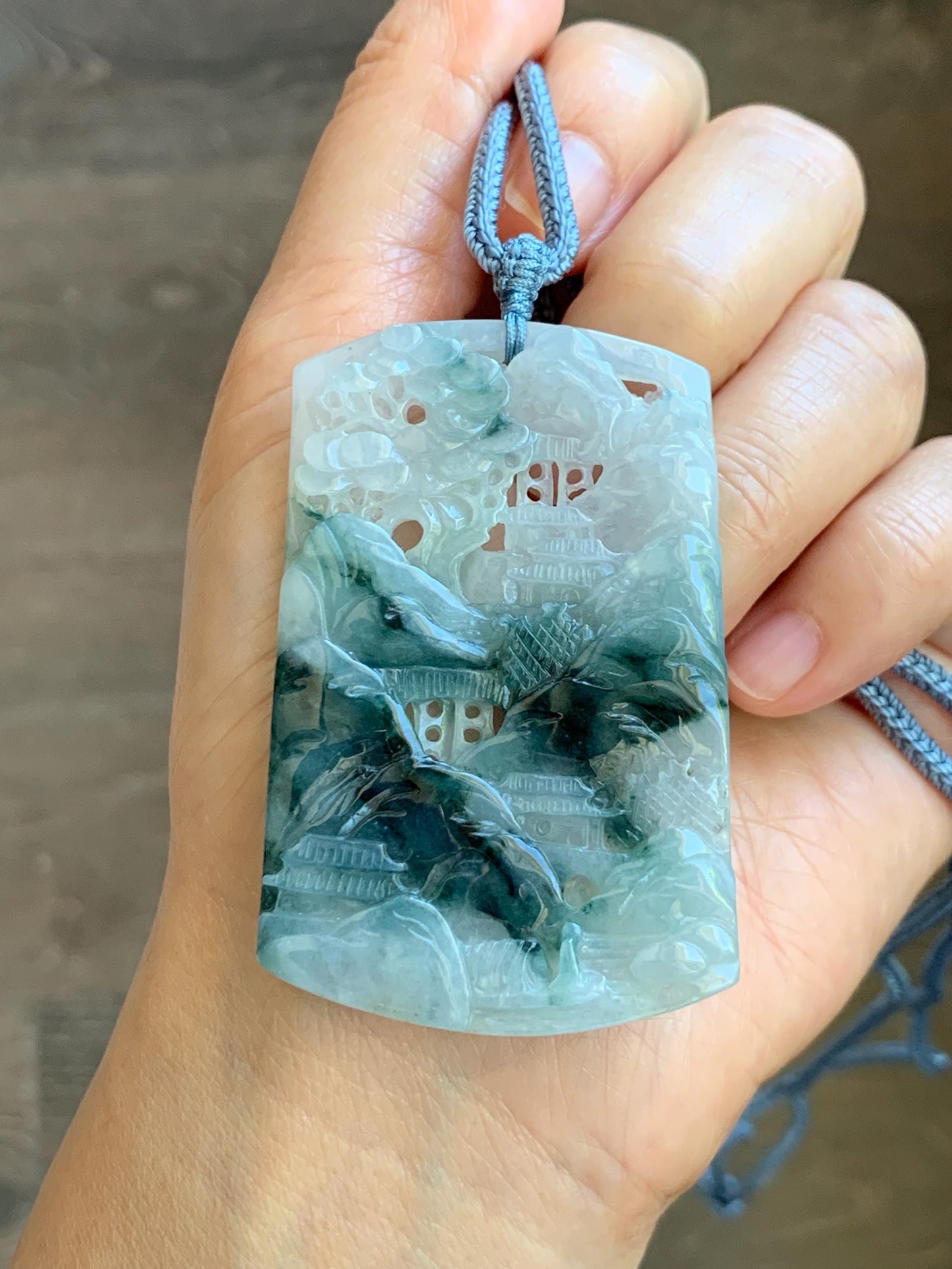 Certified Natural Grade A Icy Translucent Dark Teal Green Marbled Jade Jadeite Shan Shui Large Pendant Rope Necklace 天然冰透飘花翡翠山水吊坠 486