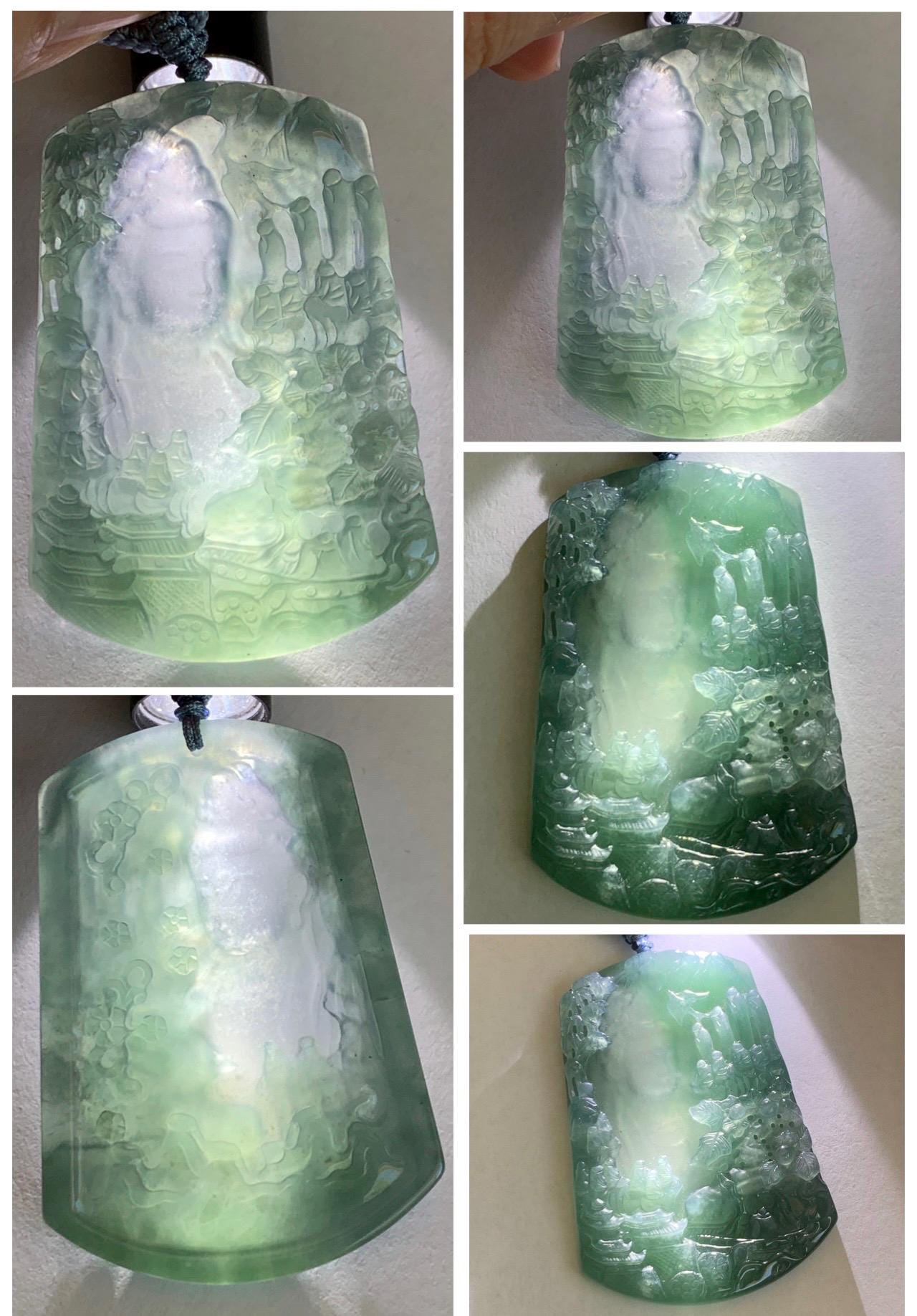 Certified Natural Grade A Guatemalan Icy Translucent Teal Blue Jade Jadeite Buddha Intaglio Carved Pendant Rope Necklace 天然冰危蓝翡翠万佛朝拜阴雕吊坠 598